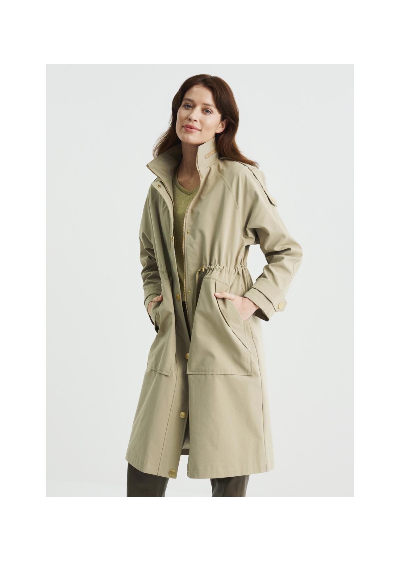 Women's olive colored coat with a button closure KURDT-0353-57(W22)-01