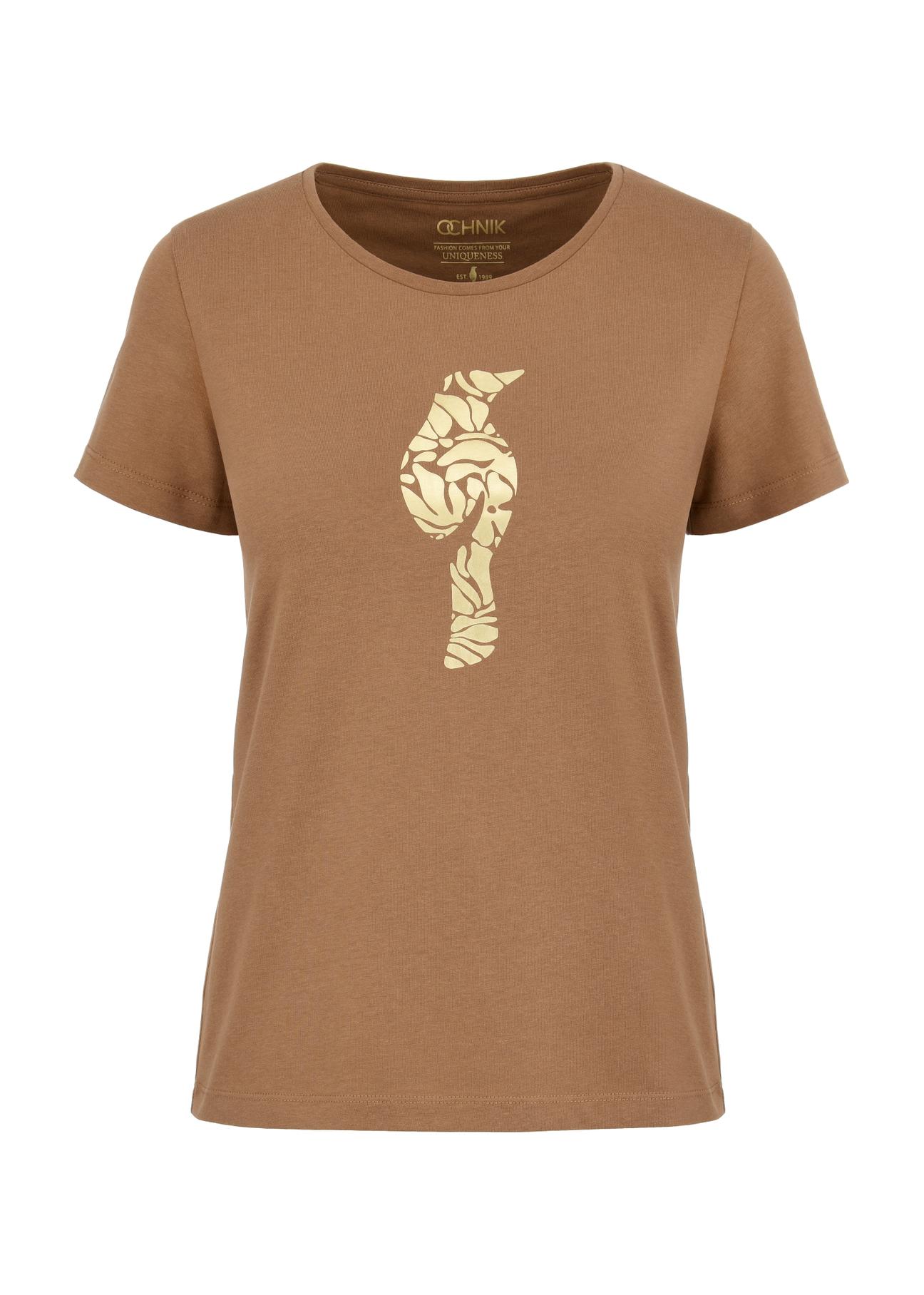 Women's camel colored t-shirt with oriole TSHDT-0124-24(W24)-03