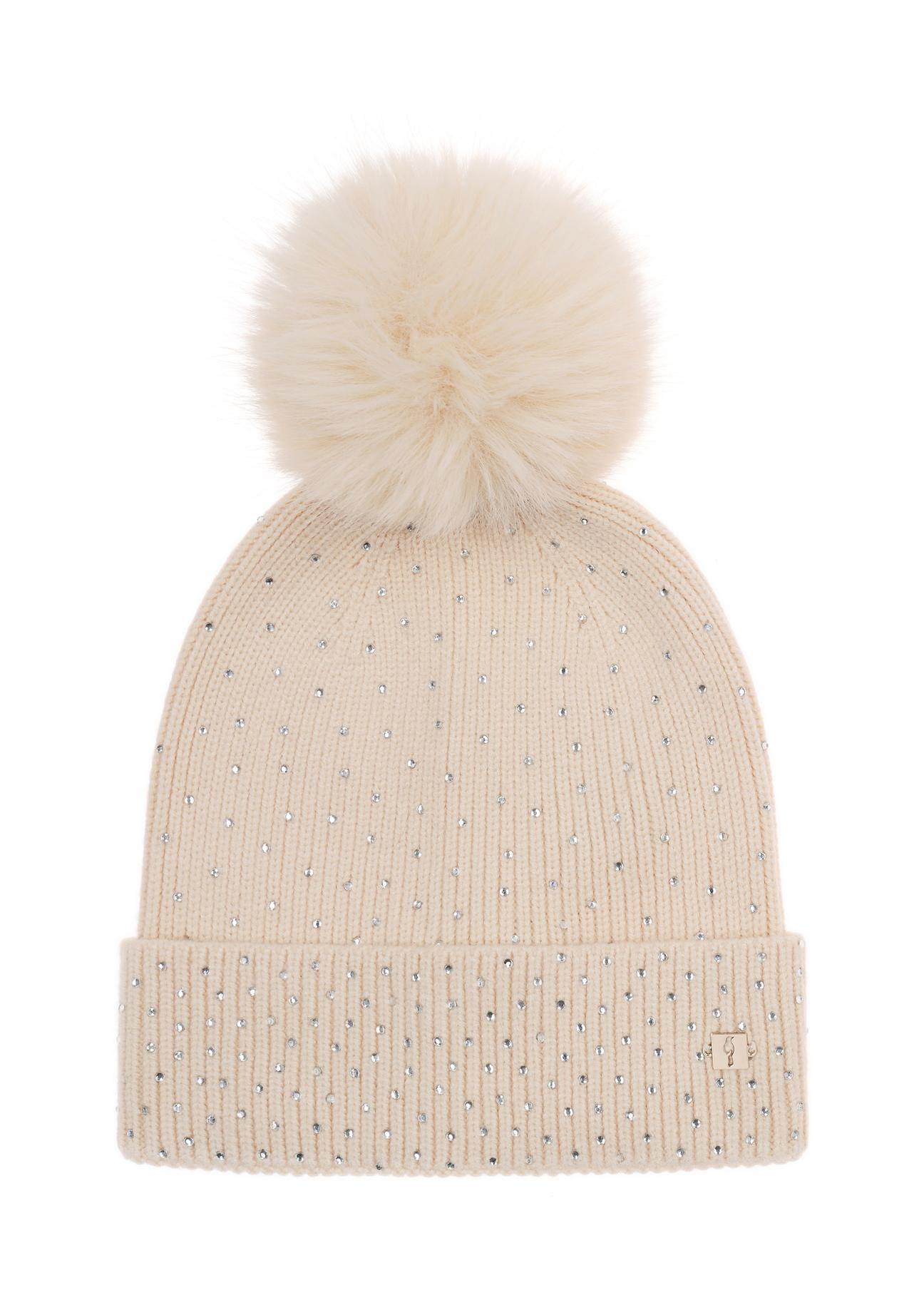 Cream women's cap with pom-pom CZADT-0165-12(Z23)-02