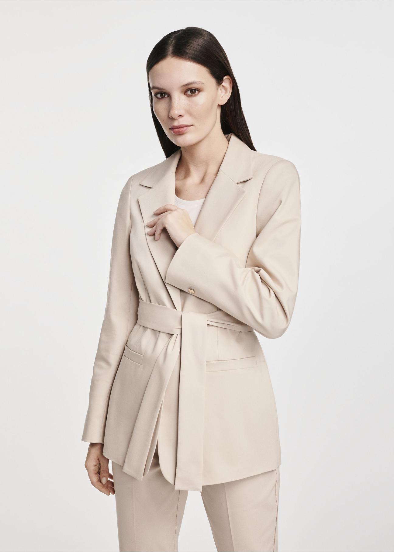 Beige women's blazer with belt ZAKDT-0030-82(W25)-01