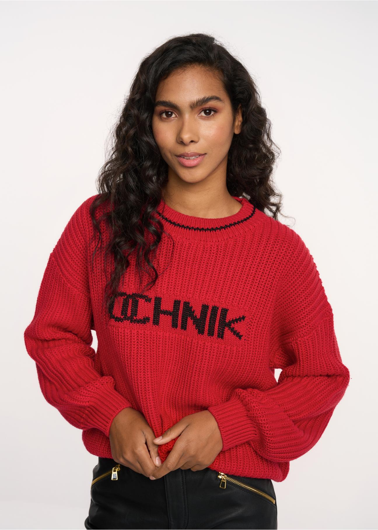 Red women's sweater with OCHNIK logo SWEDT-0163-42(Z22)-01