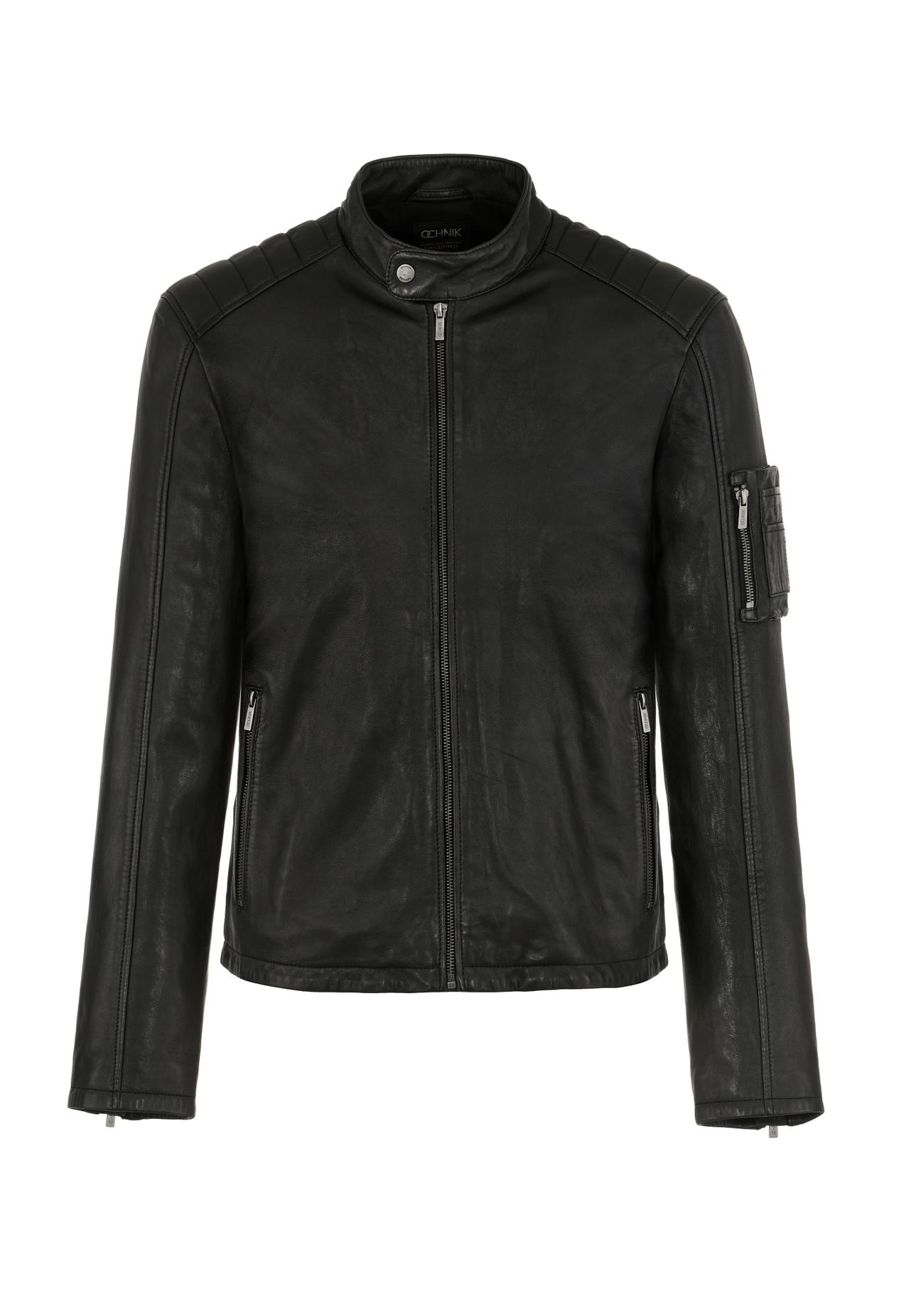 Men's black leather jacket with stand-up collar KURMS-0332-1383(W24)-05