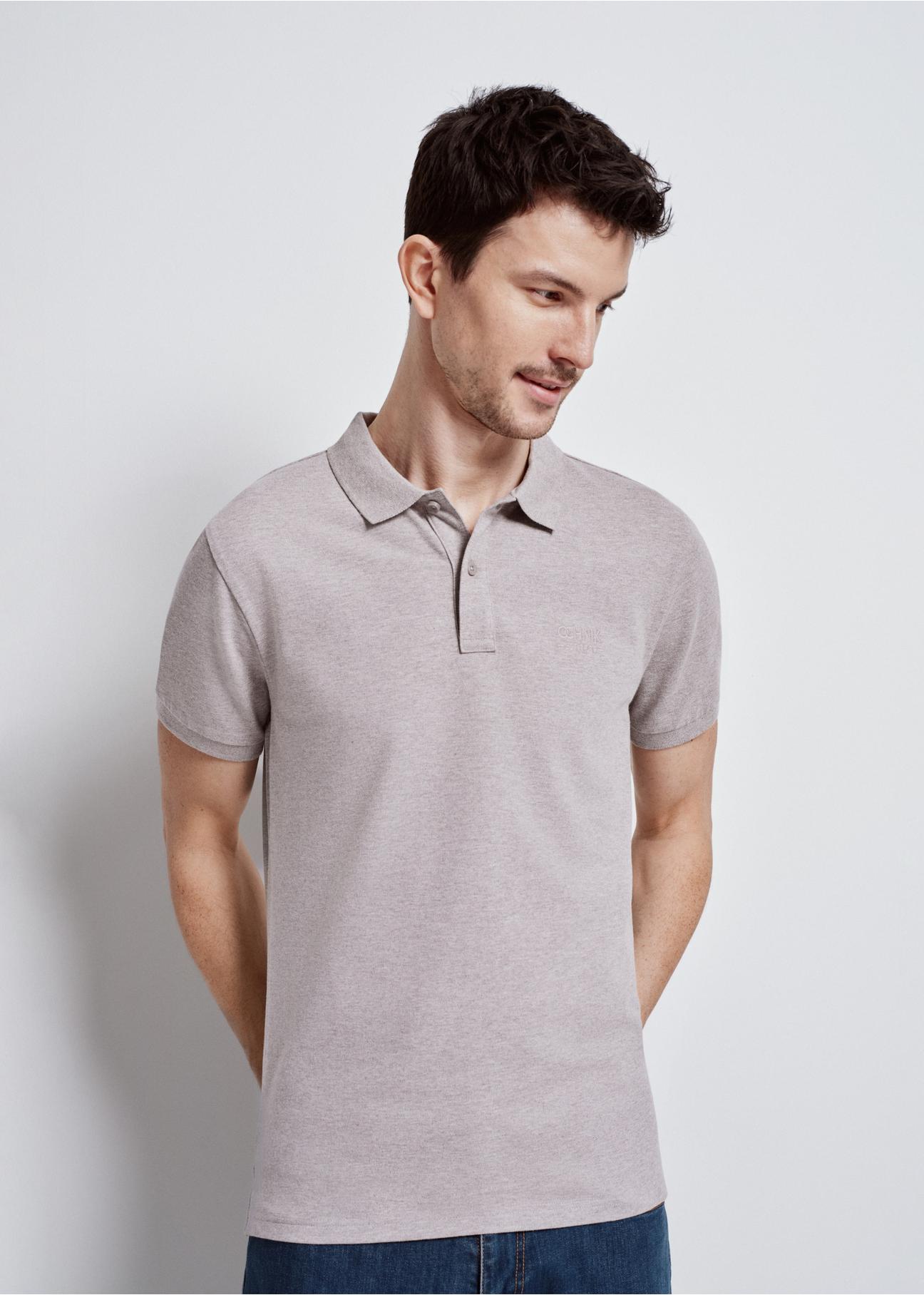 Grey men's polo shirt POLMT-0070-91(W24)-03