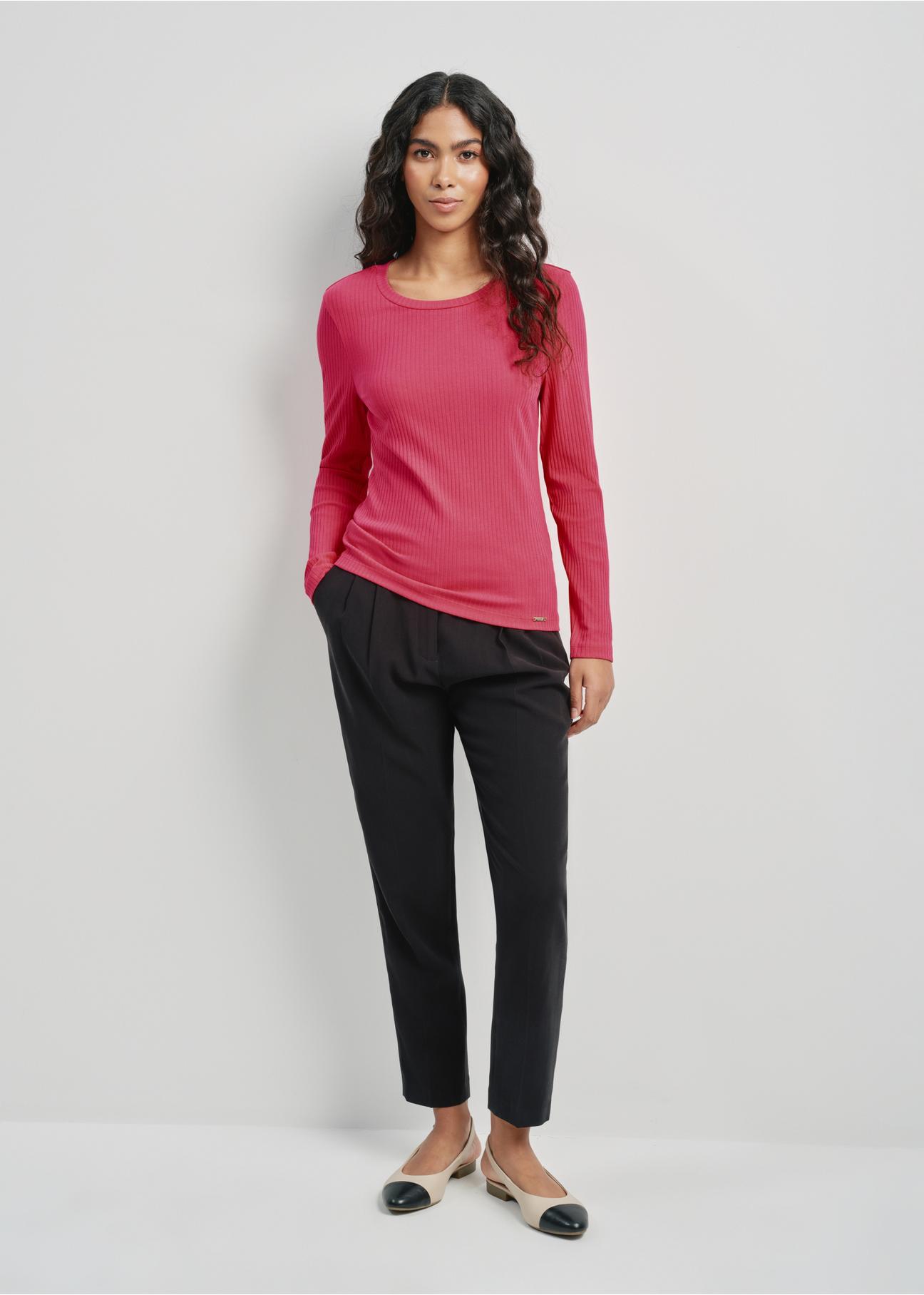 Pink ribbed women's longsleeve blouse LSLDT-0043-34(W24)-01