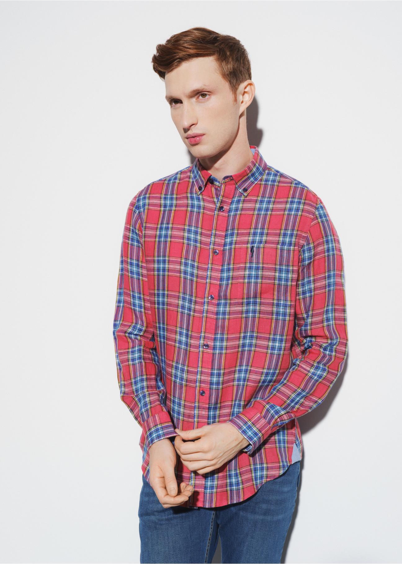 Men's red plaid shirt KOSMT-0308-15(W23)-03