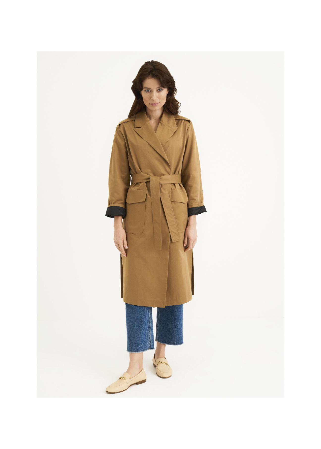 Women's honey colored coat with belt KURDT-0357-81(W22)-02