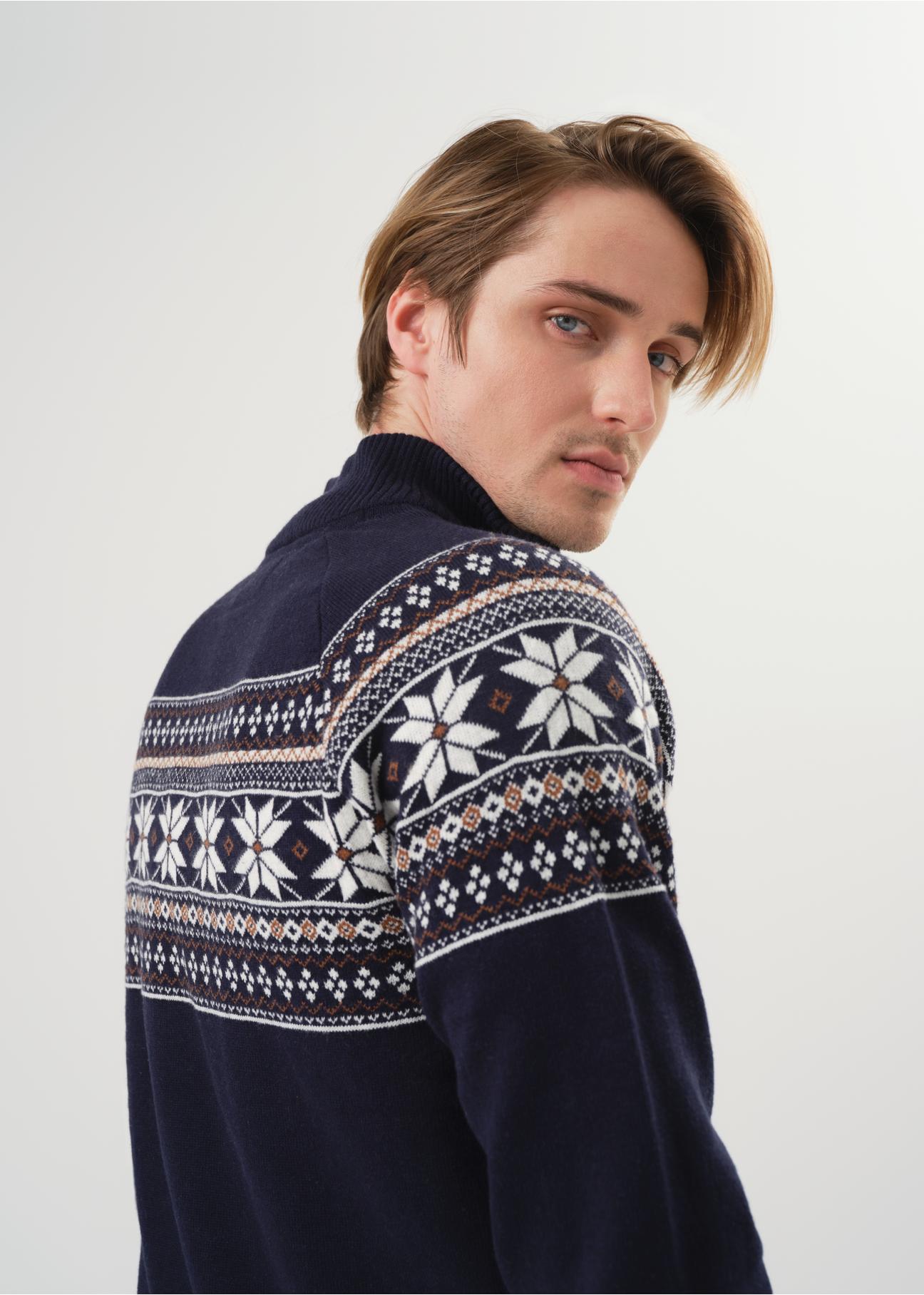 Men's navy blue sweater with Norwegian pattern SWEMT-0133-69(Z23)-02