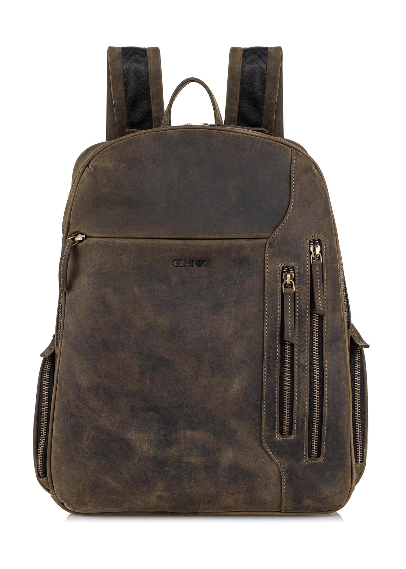 Men's khaki leather backpack TORMS-0300-51(W23)-01