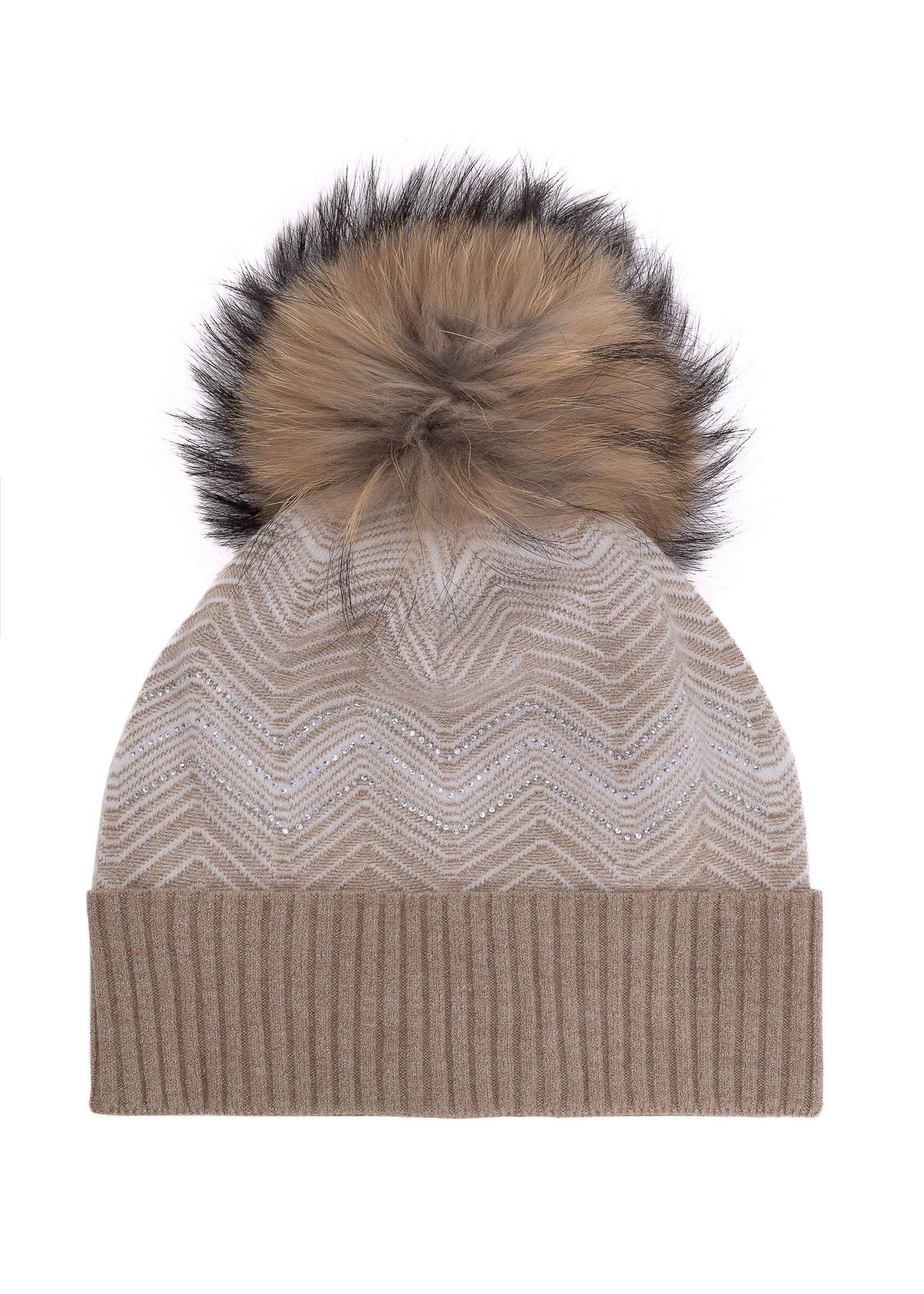 Beige women's winter hat with zircons CZADT-0187-81(Z24)-02