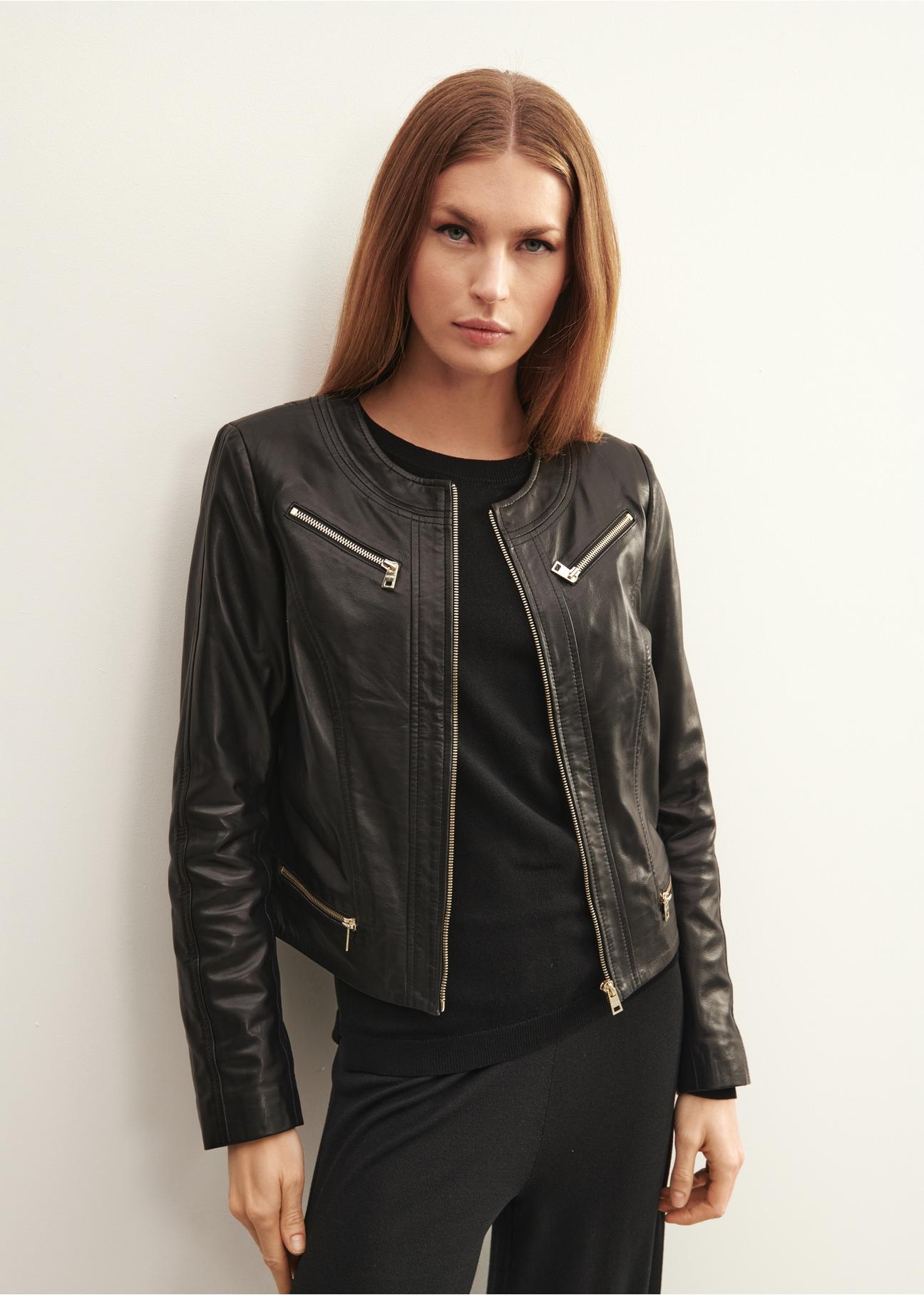 Women's black leather jacket with zippers KURDS-0419-1040(W23)-02