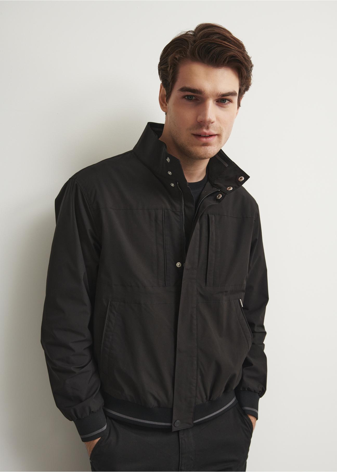 Black men's jacket with stand-up collar KURMT-0295-99(W23)-01