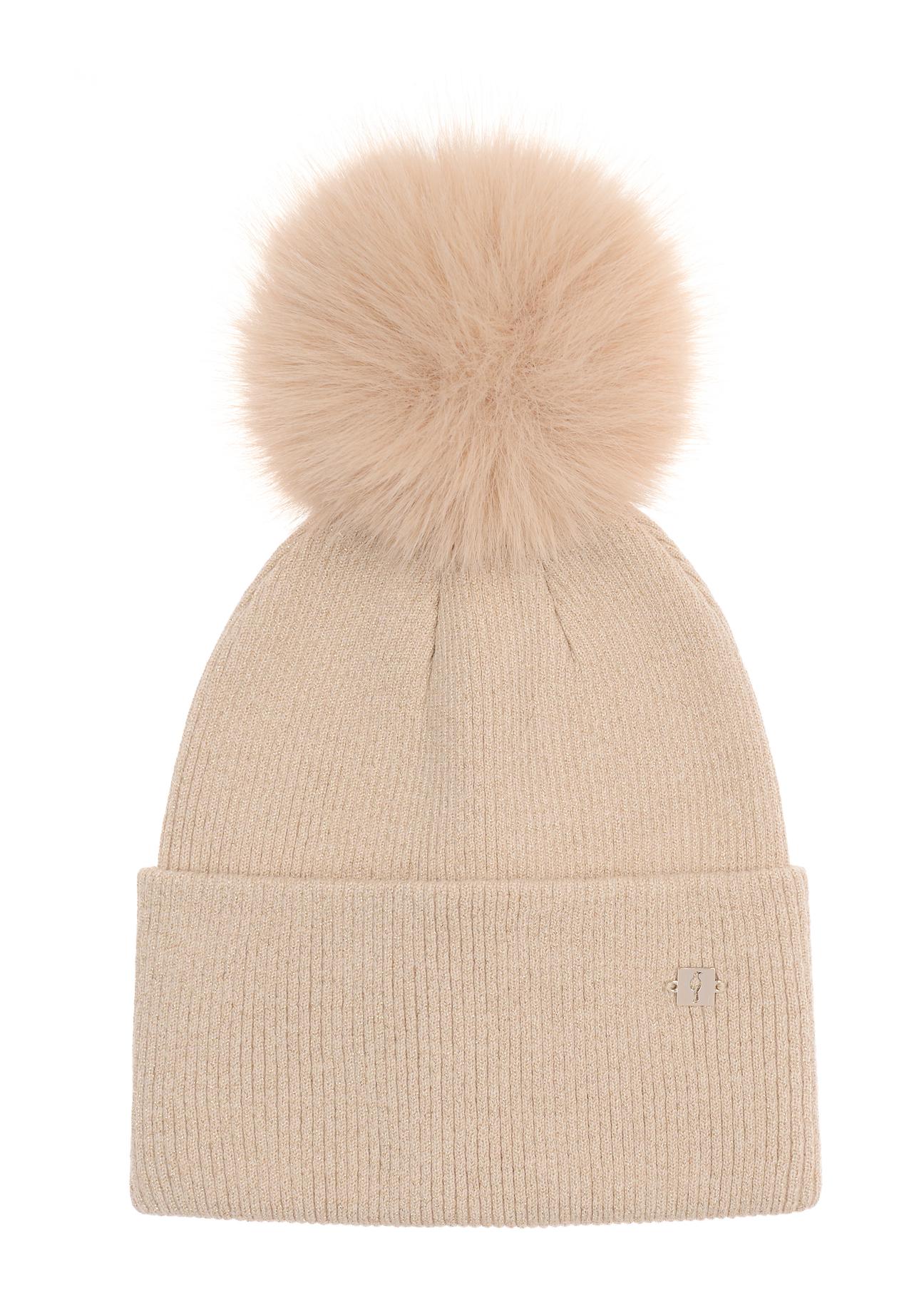 Beige women's cap with pompom CZADT-0161-82(Z23)-02