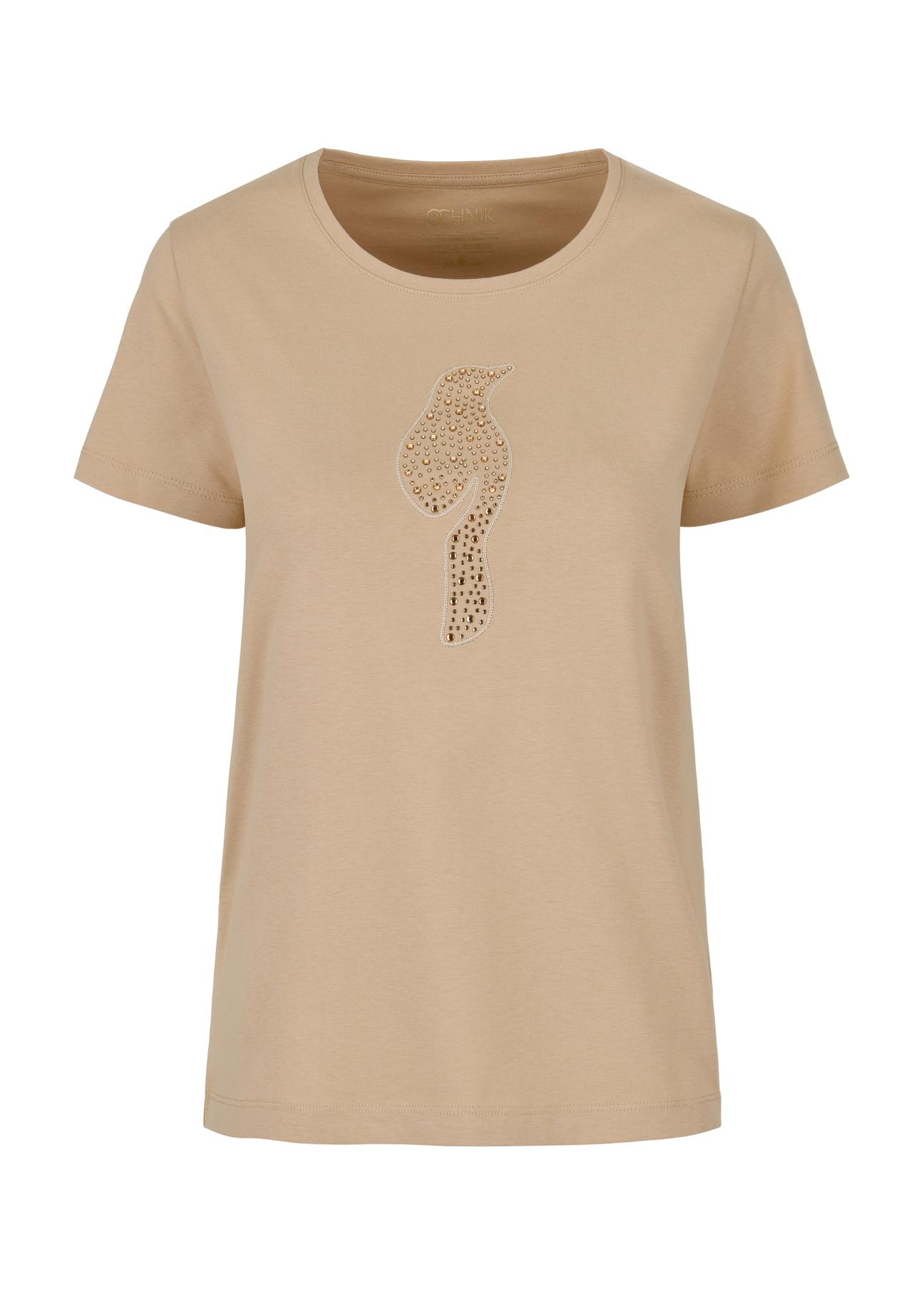 Women's beige T-shirt with decorative oriole TSHDT-0123-81(W24)-03