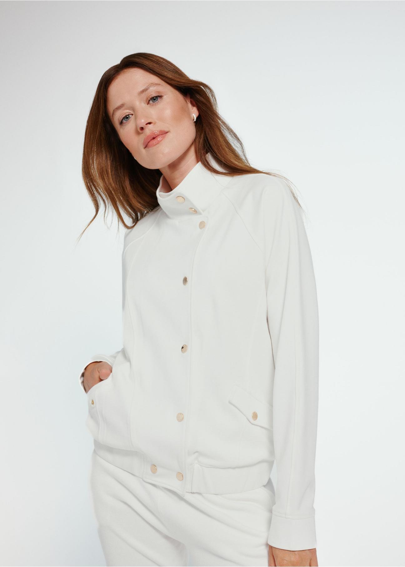 Cream women's sweatshirt with a stand-up collar BLZDT-0106-12(Z24)-04