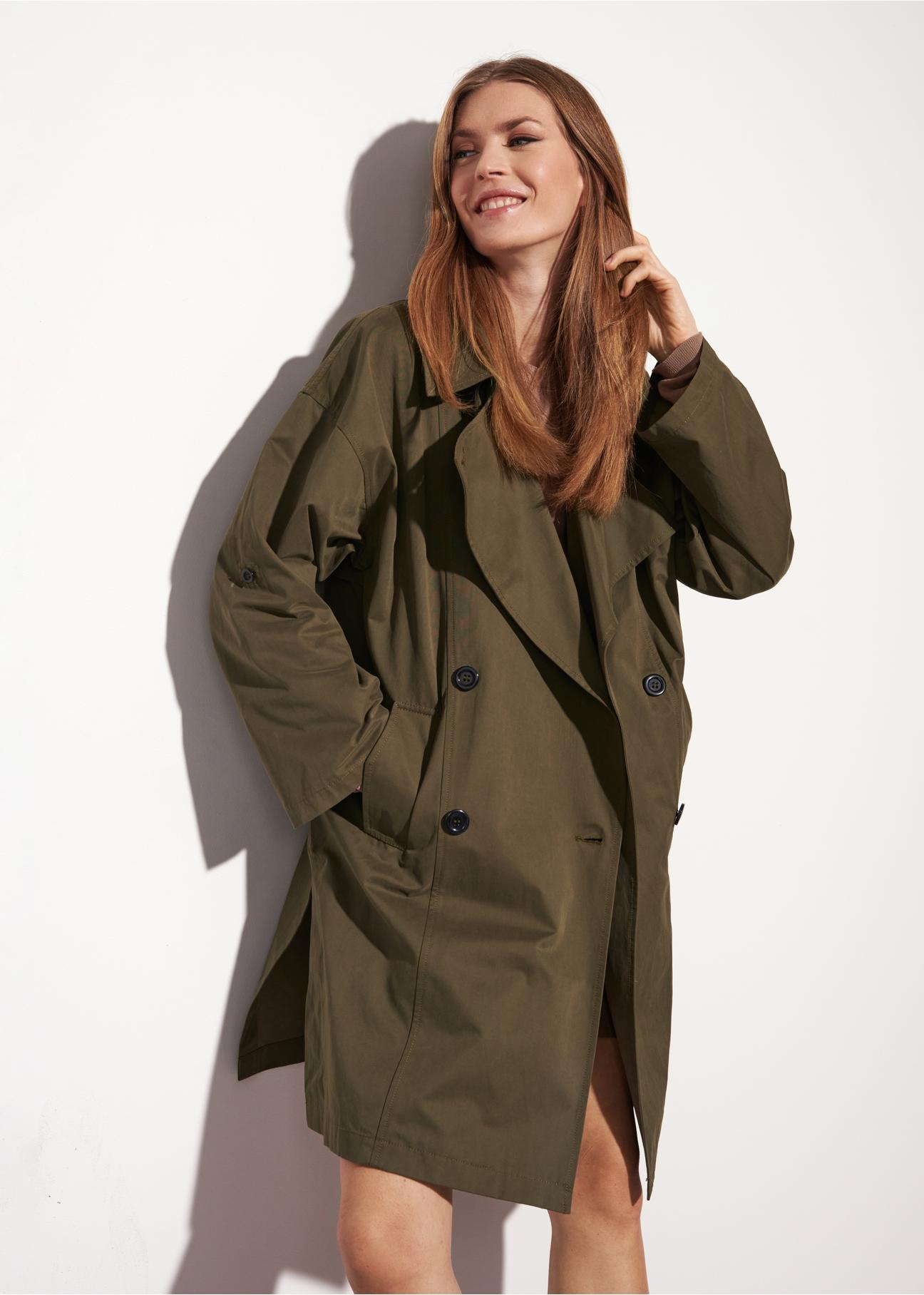 Women's double-breasted green coat KURDT-0445-51(W23)-01