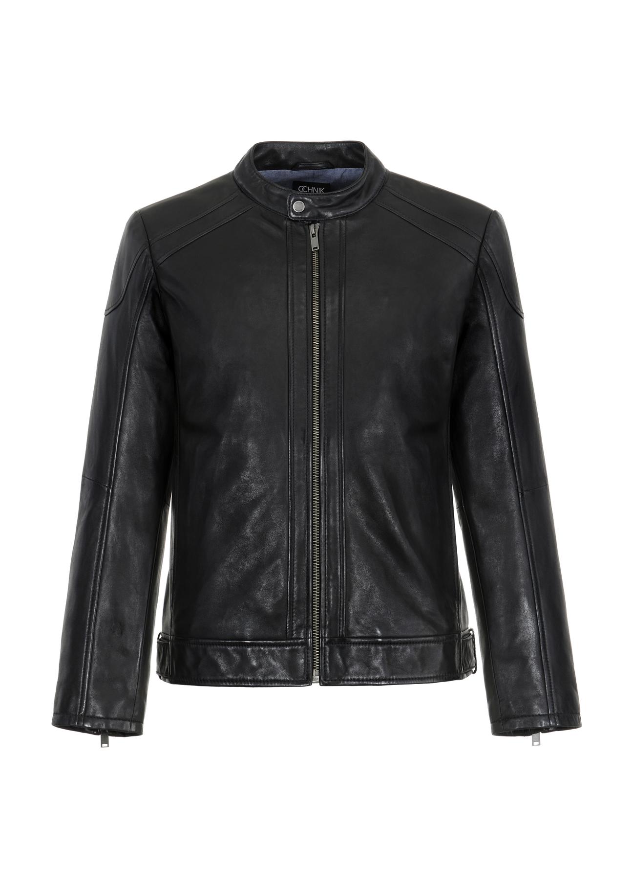 Men's black leather jacket with stand-up collar KURMS-0315-5427(Z23)-04