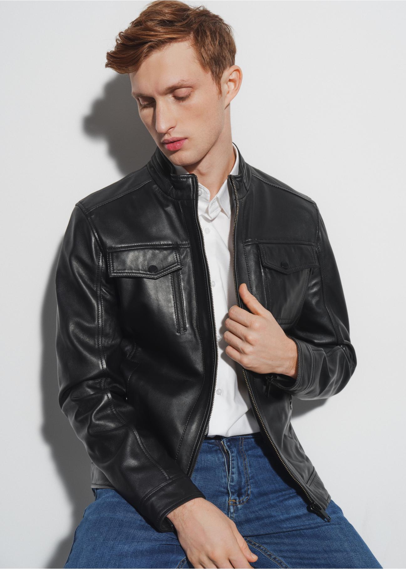 Men's leather jacket with stand-up collar KURMS-0306-1283(W23)-01