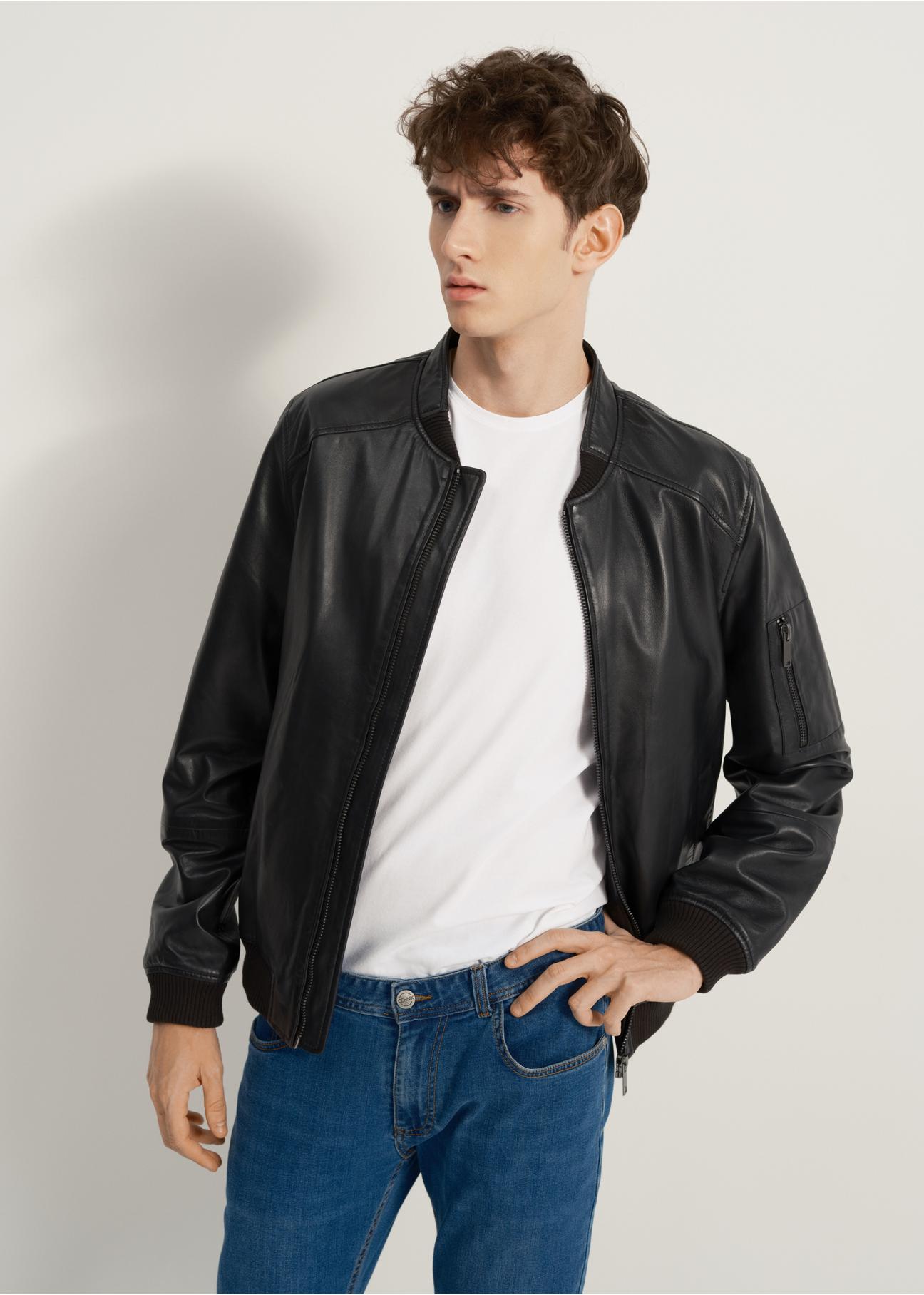 Men's leather jacket with stand-up collar KURMS-0291-1315(W23)-02