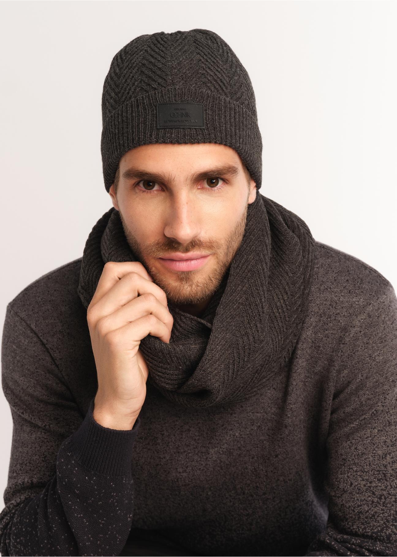 Grey men's cap and scarf set ZESTM-0004-95(Z24)-02