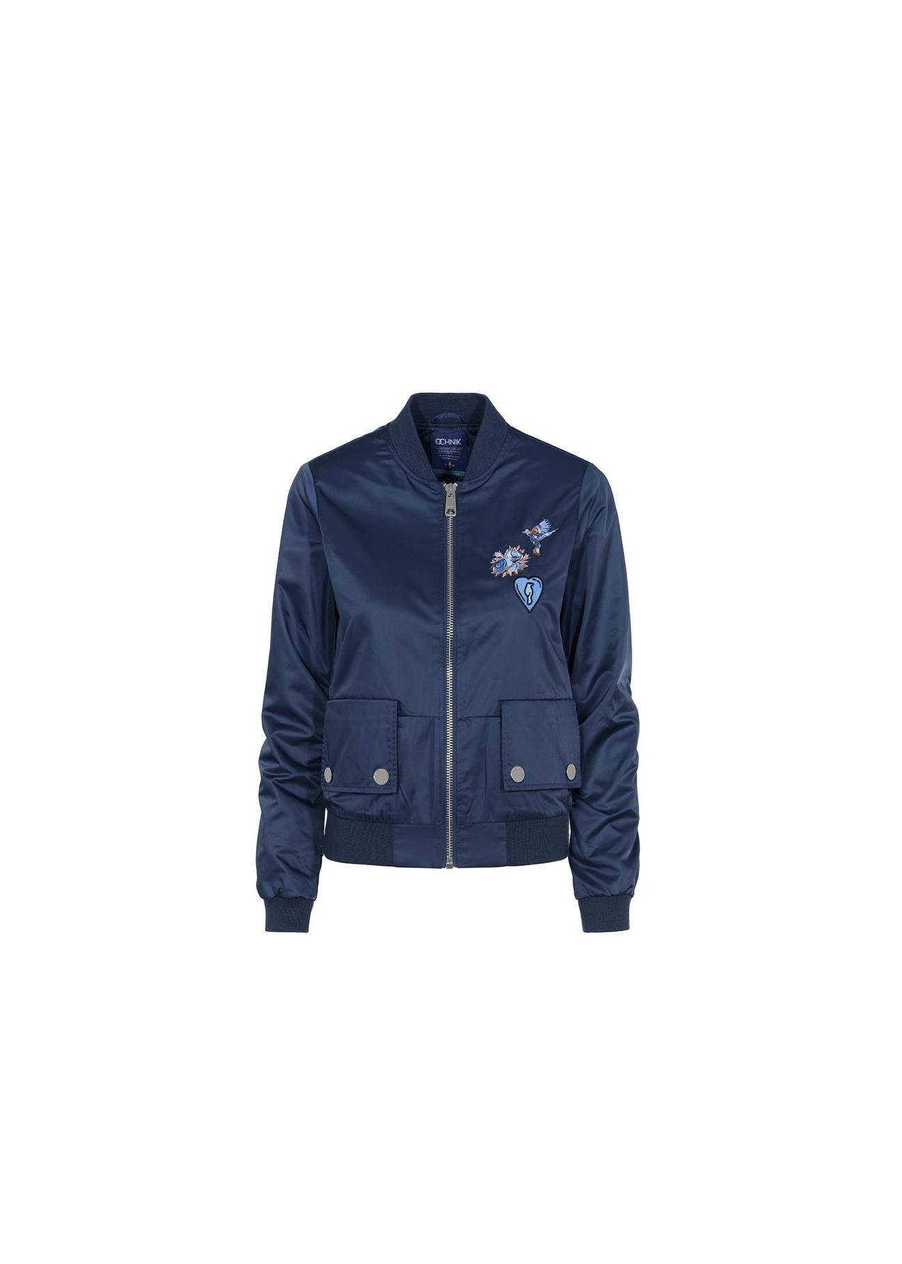 Navy blue women's jacket with patches KURDT-0169-69(W19)-01