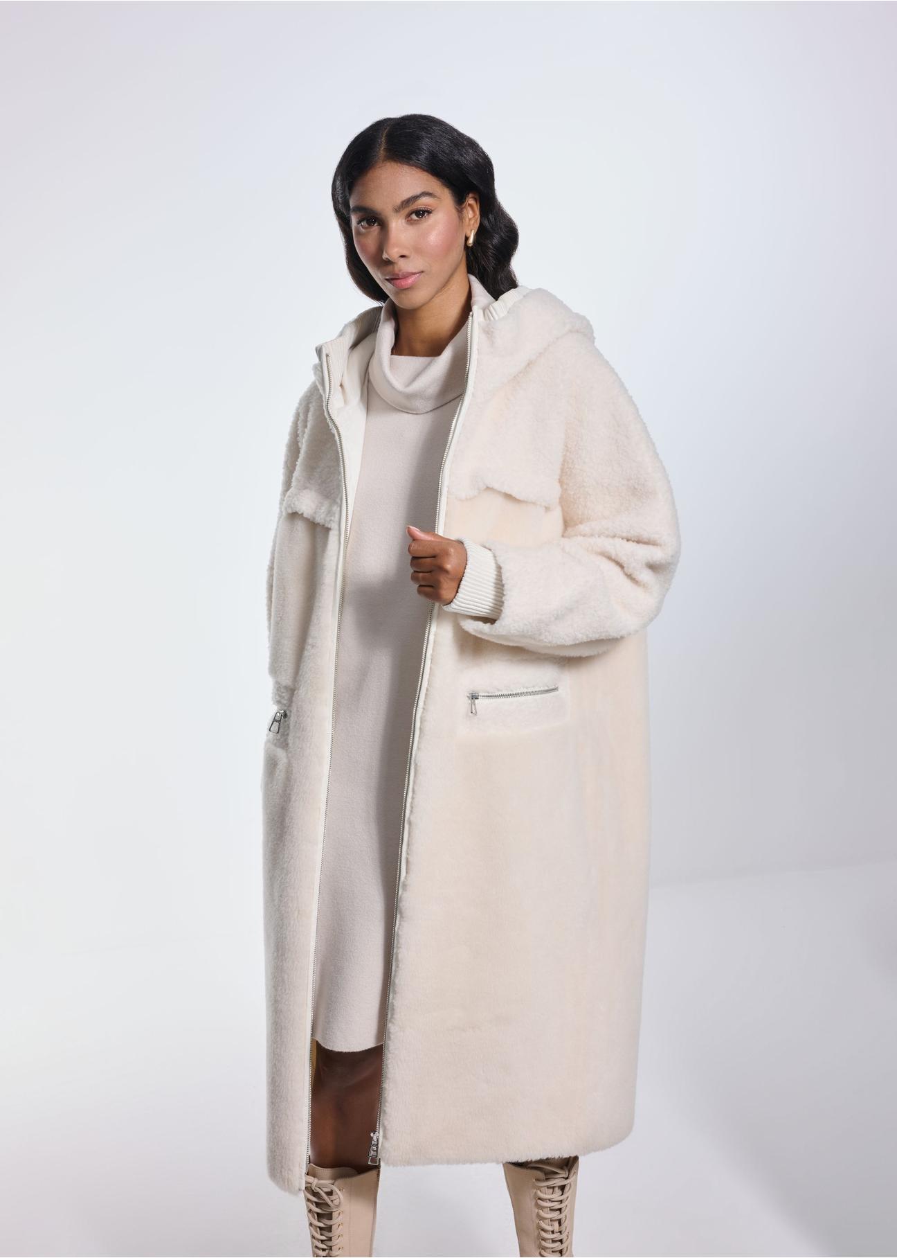 Beige woolen women's fur coat FUTDP-0030-12(Z24)-02