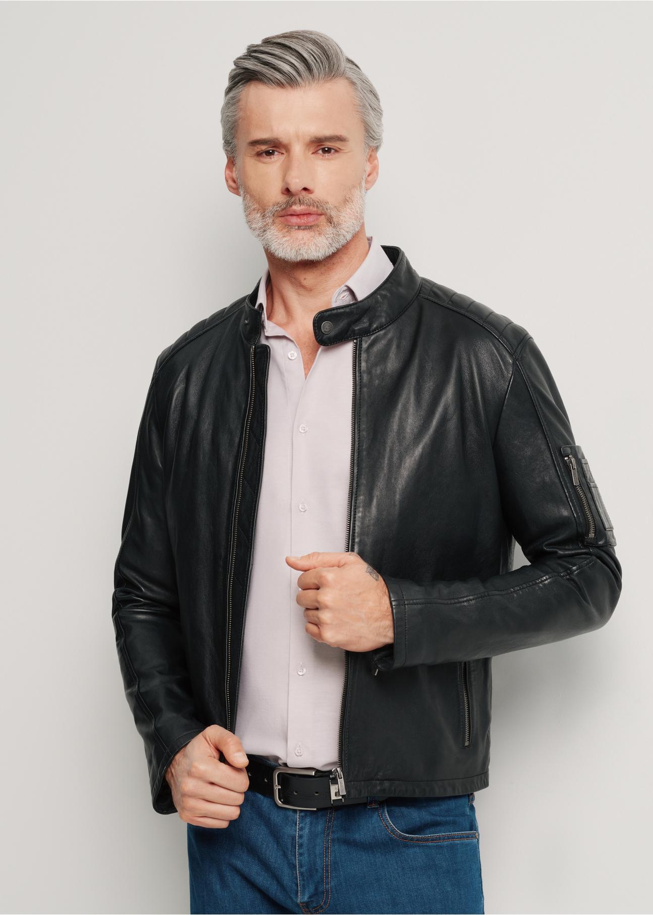 Men's black leather jacket with stand-up collar KURMS-0332-1383(W24)-01