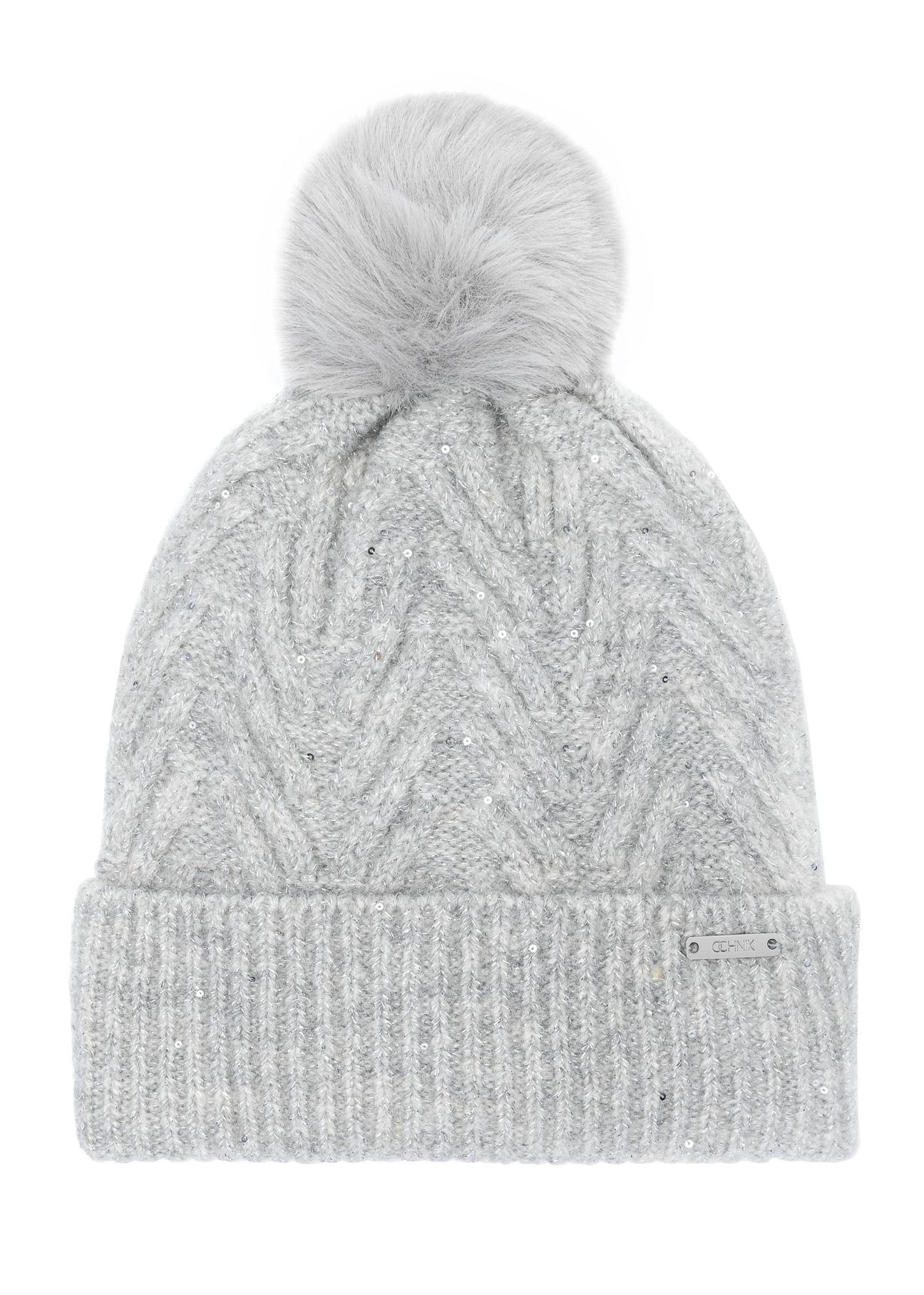 Gray women's hat with a pompom CZADT-0175-91(Z24)-04