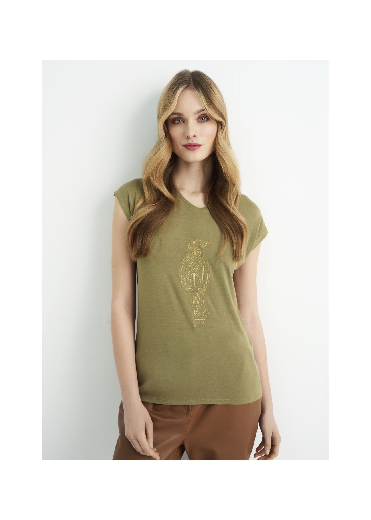 Women's olive T-shirt with applique TSHDT-0066-55(W22)-02