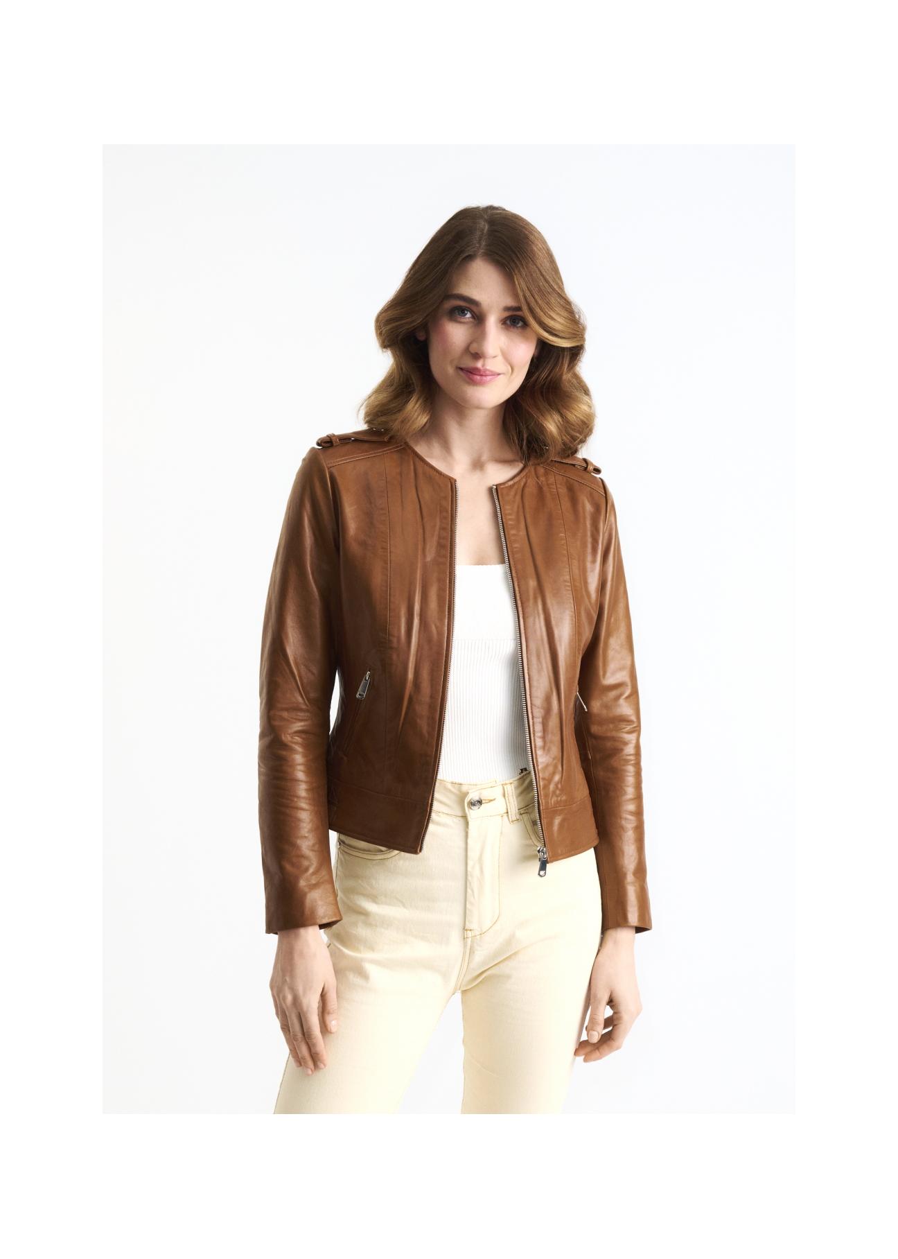 Women's waisted brown leather jacket KURDS-0366-1103(W22)-02