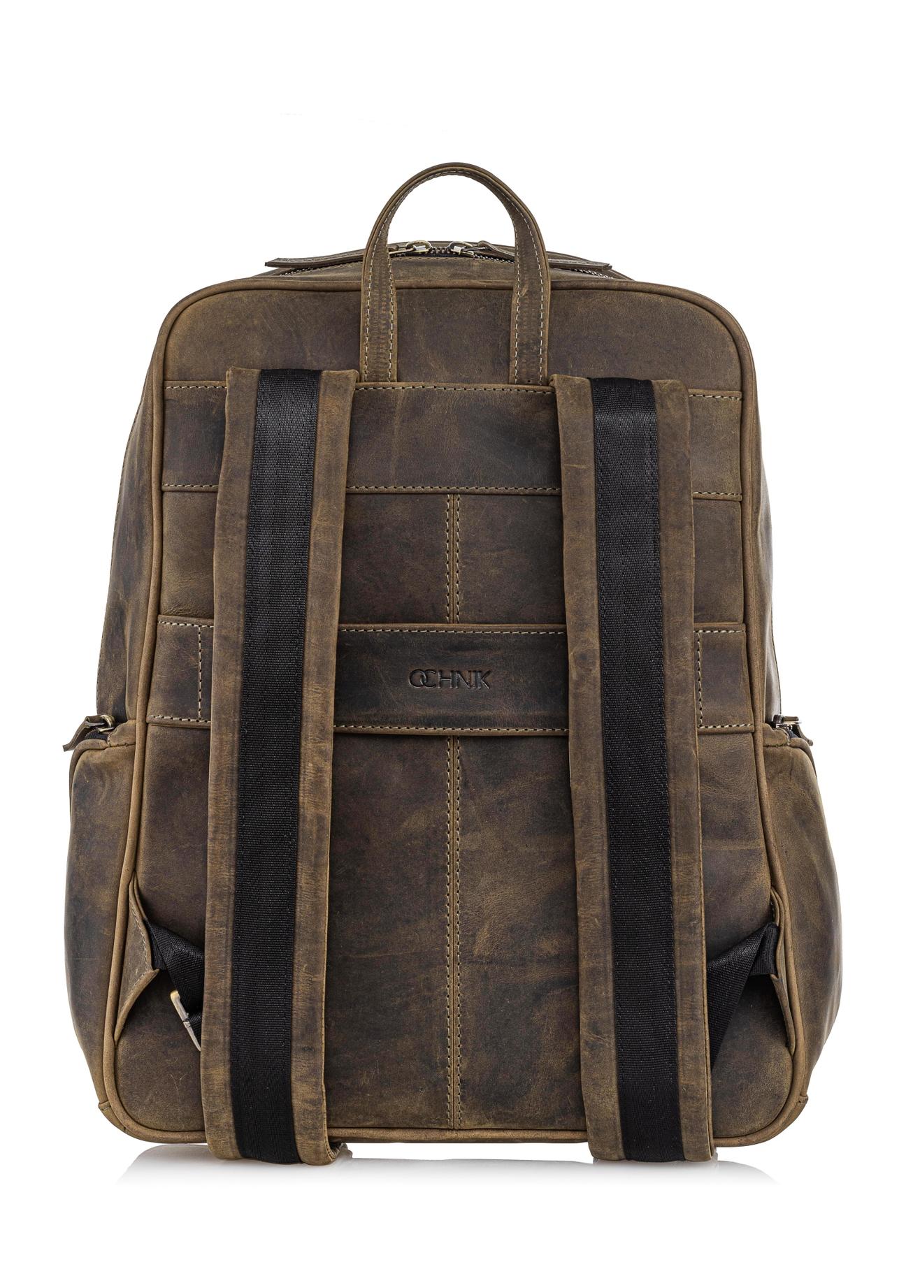 Men's khaki leather backpack TORMS-0300-51(W23)-04