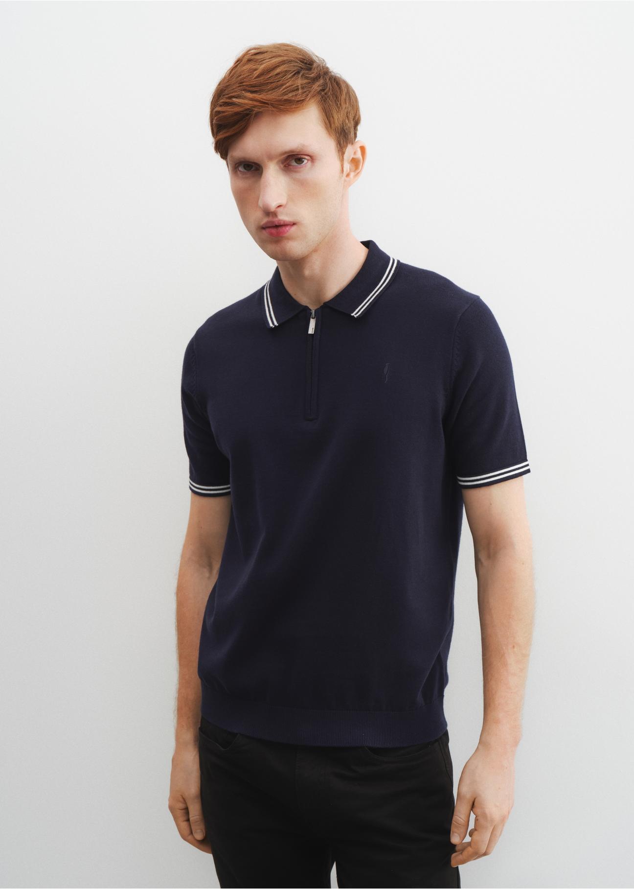 Navy blue zip-up polo shirt POLMT-0060-69(W23)-02