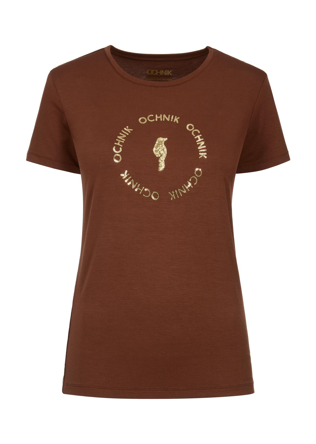 Brown Women's T-shirt with applique TSHDT-0071A-82(Z23)-03