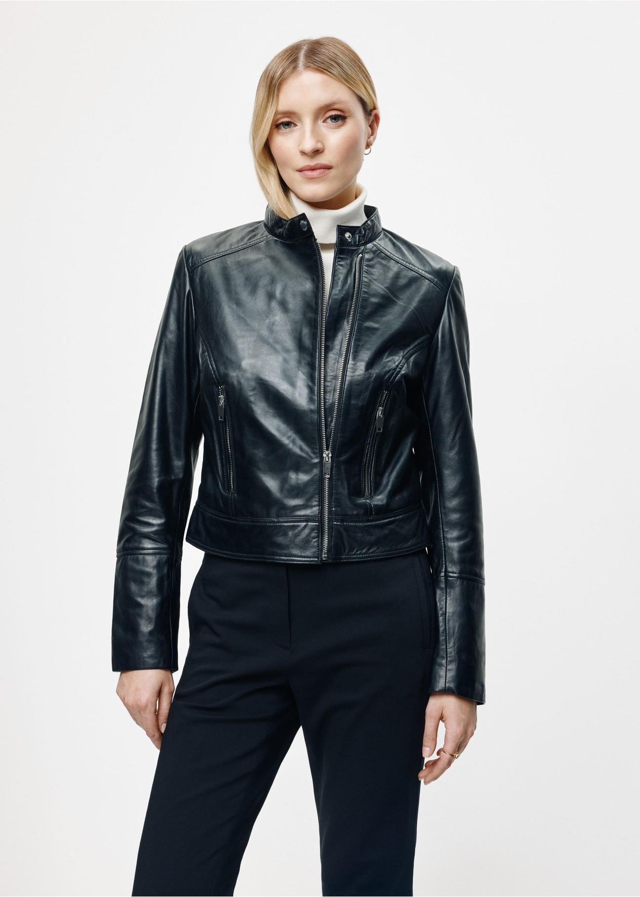 Women's leather jacket with stand-up collar KURDS-0305-4229(KS)