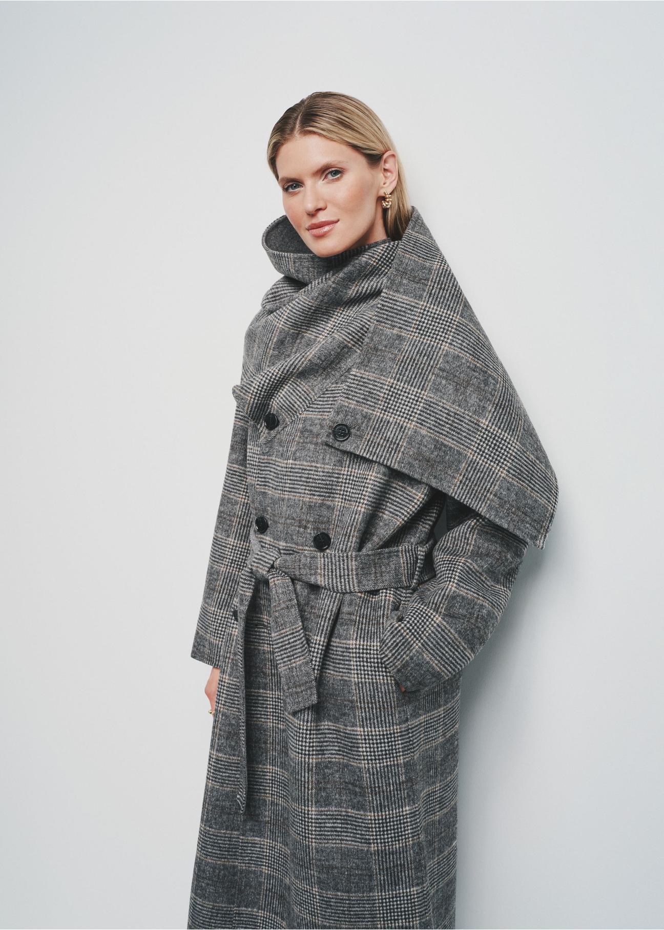 Woolen gray women's coat in a check pattern PLADT-0056-91(Z24)-03