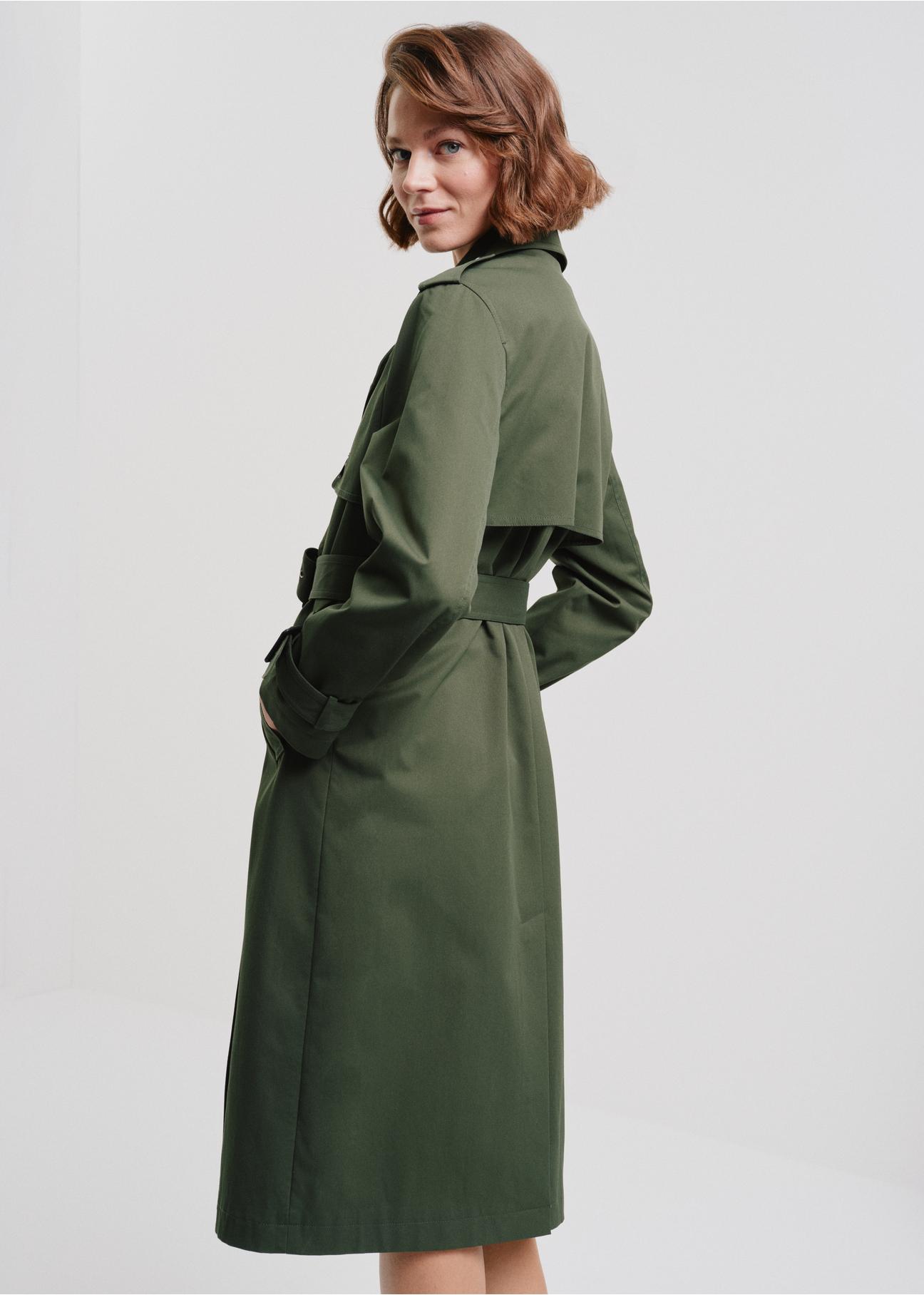 Women's green coat with belt KURDT-0512-54(W24)-02