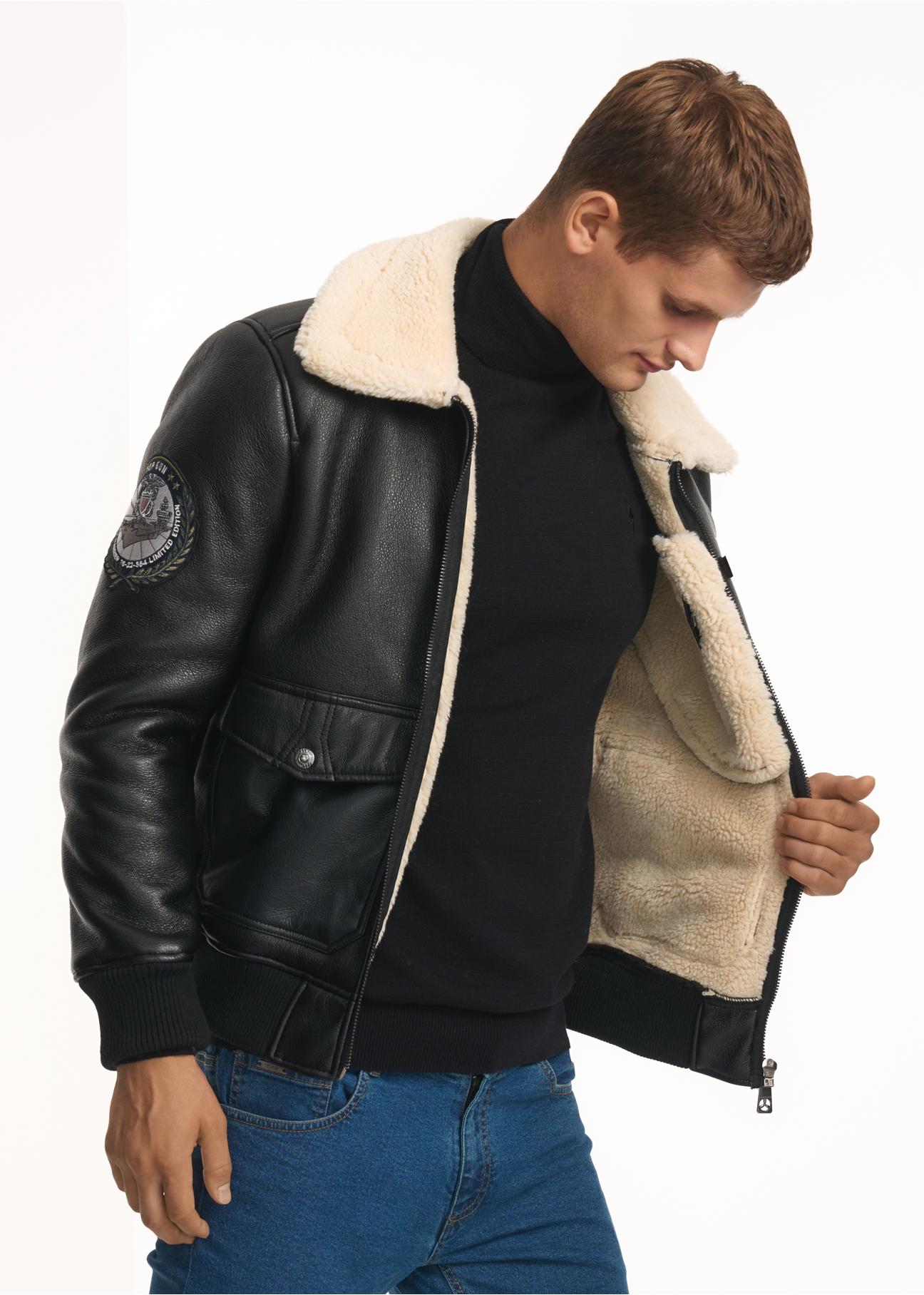 Black men's sheepskin coat TOP GUN FUTMP-0003-99(Z24)-04