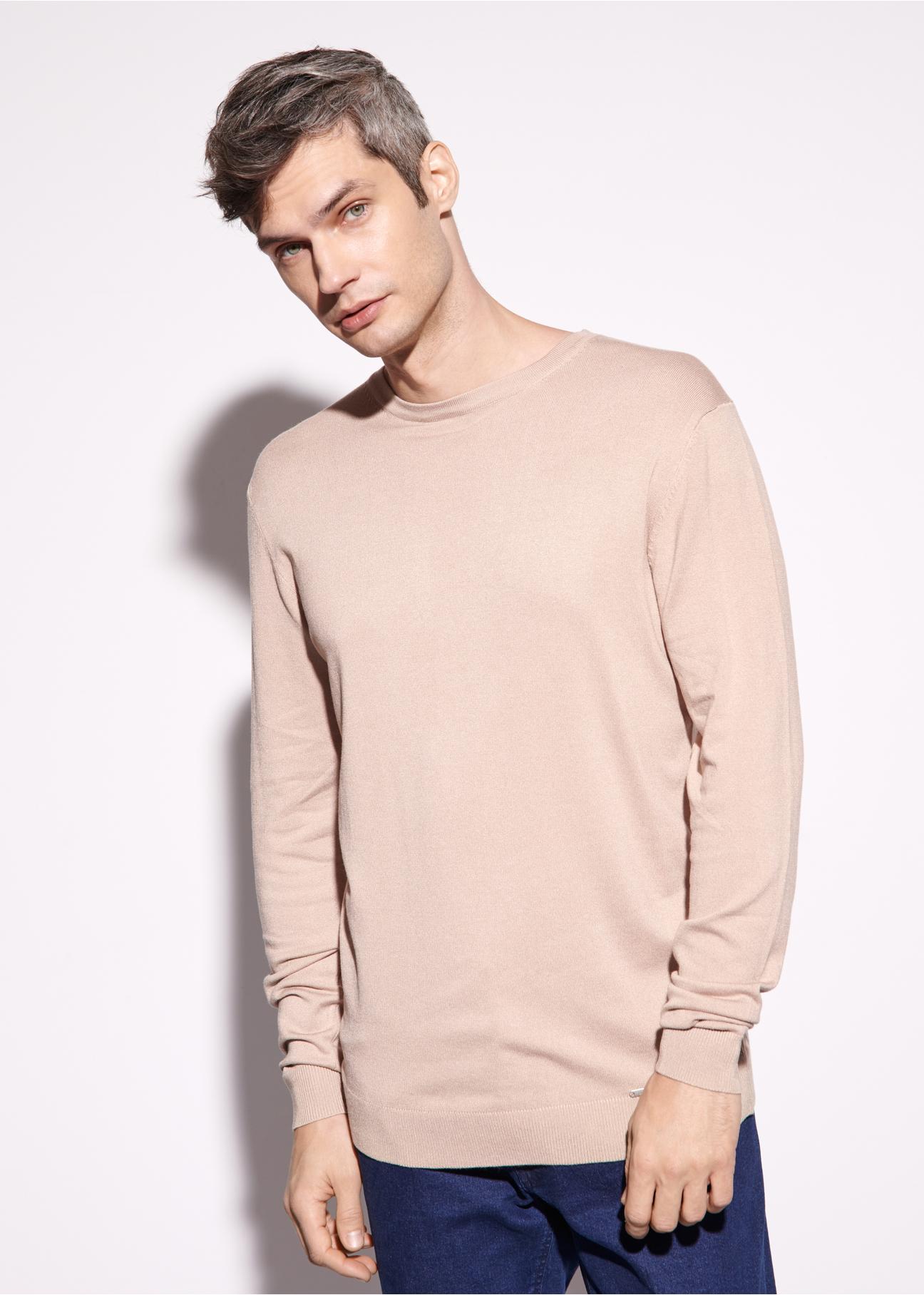 Beige men's basic sweater SWEMT-0127-81(W23)-01