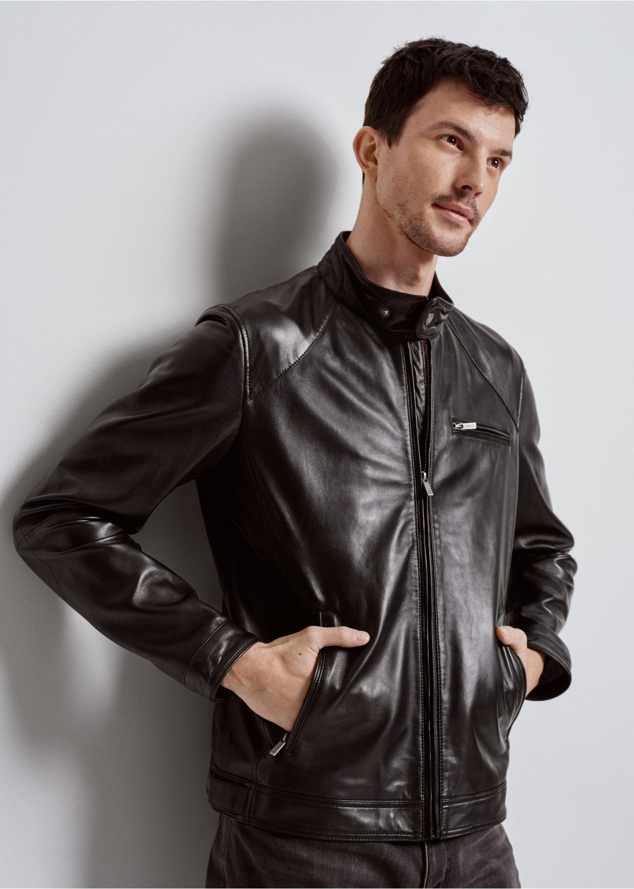 Black classic leather jacket for men KURMS-0328-5491(W24)-04