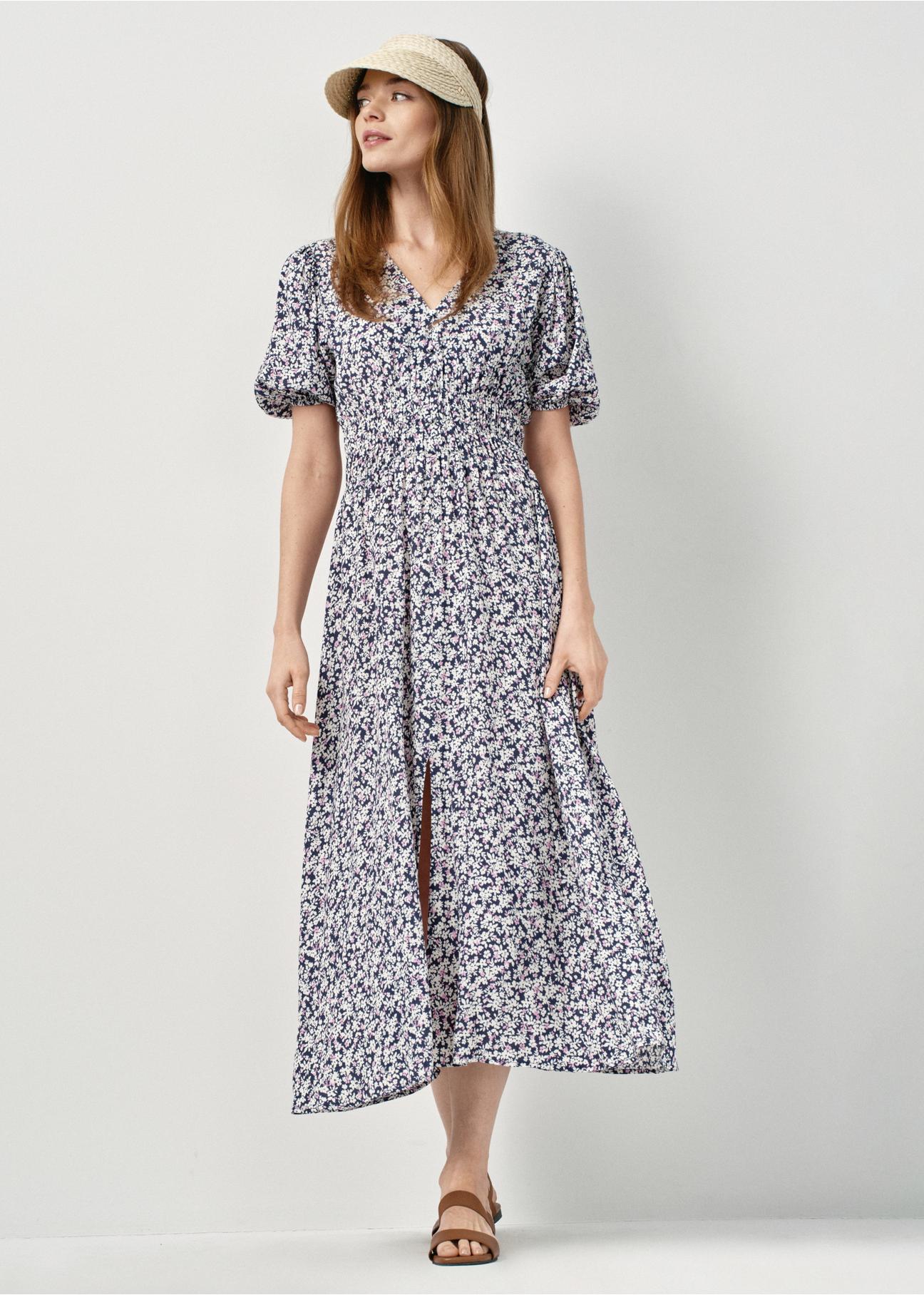 Long navy blue summer dress with flowers SUKDT-0191-17(W24)-02