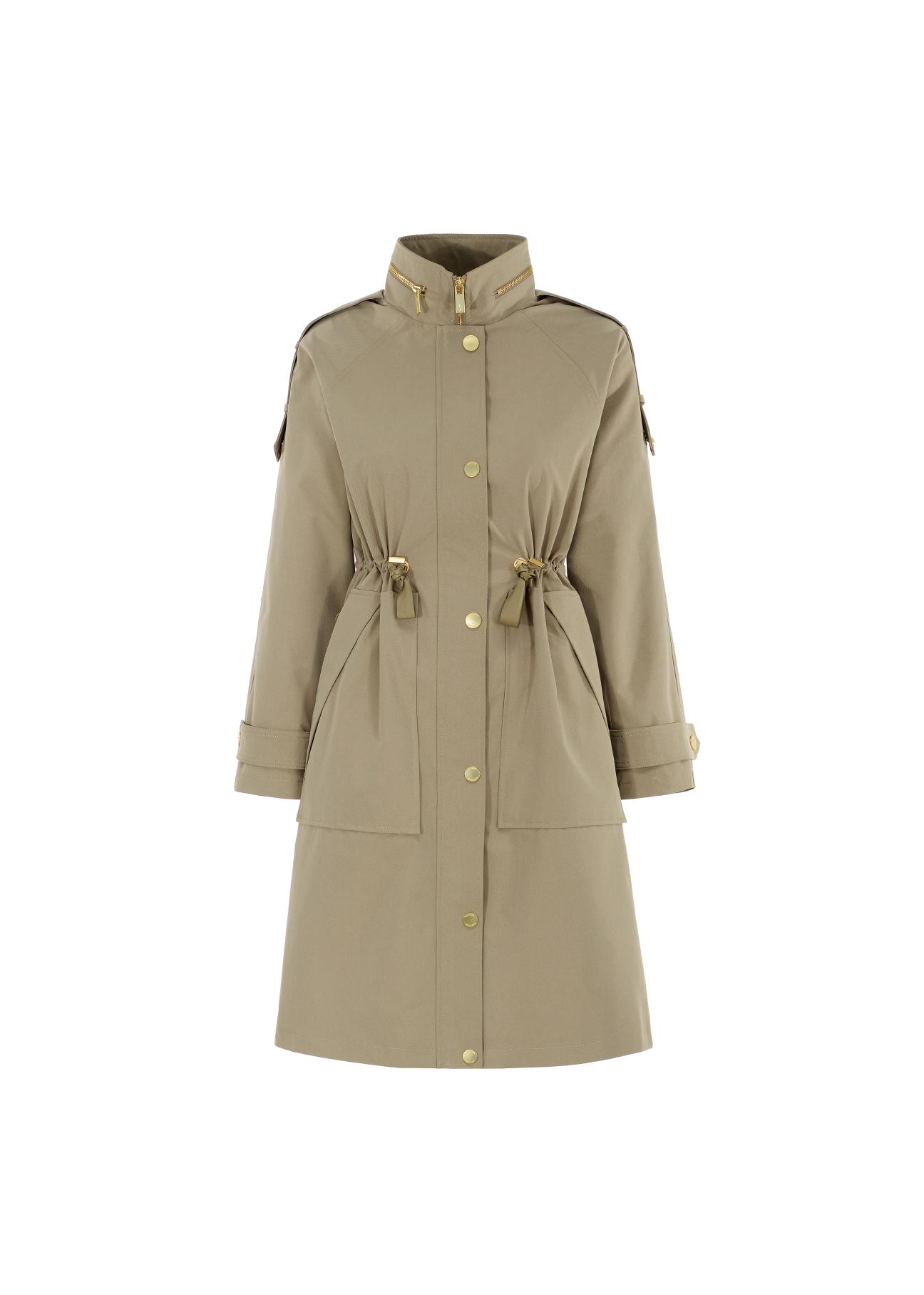 Women's olive colored coat with a button closure KURDT-0353-57(W22)-05