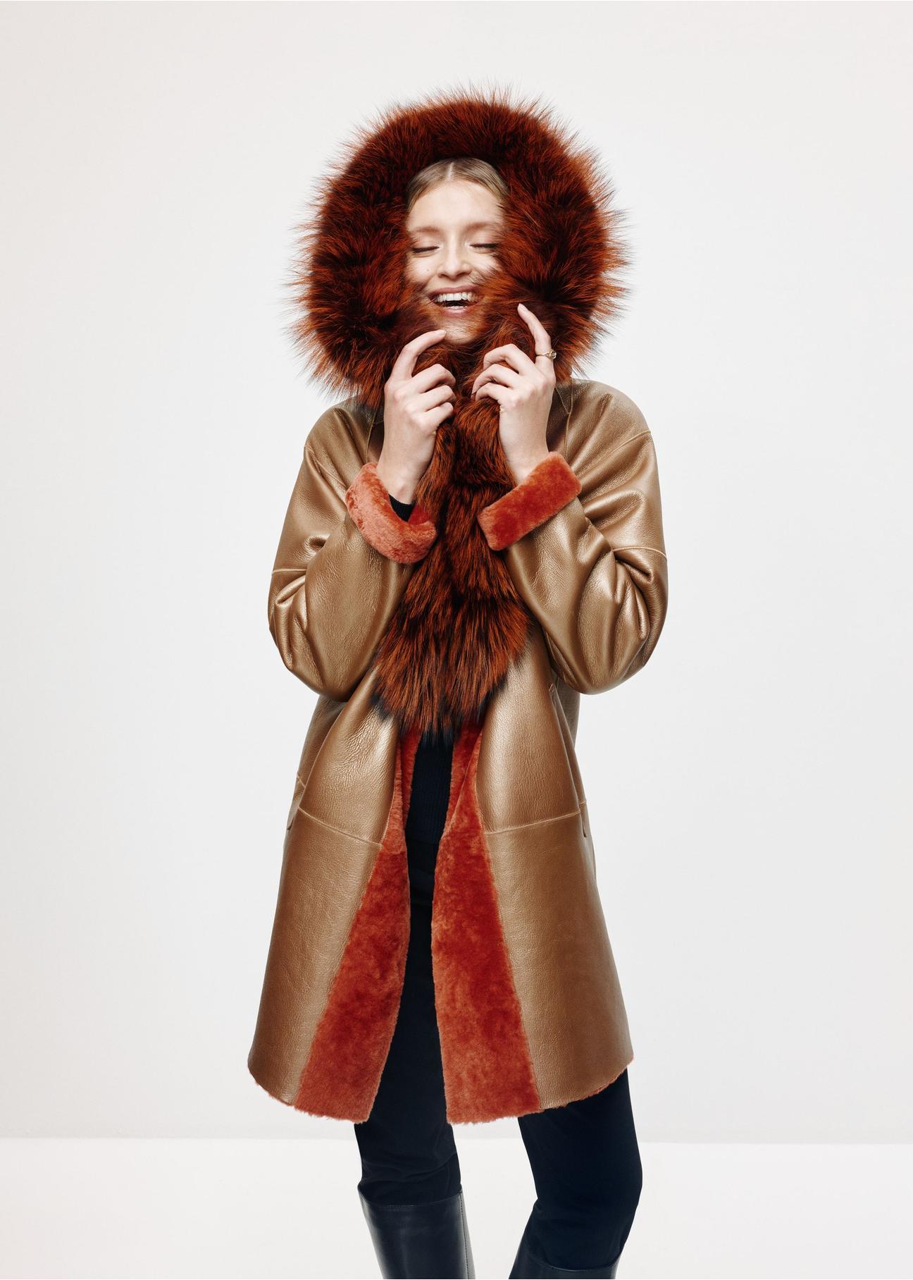 Leather double-sided orange women's sheepskin coat KOZDS-0083-1672(Z24)