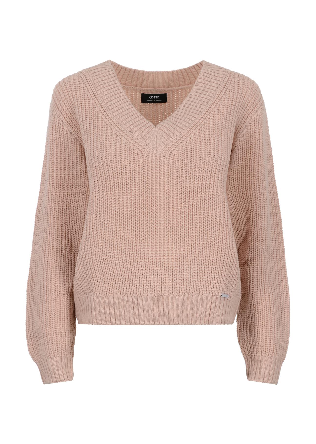 Light pink women's V neck sweater SWEDT-0162-33(Z23)-04