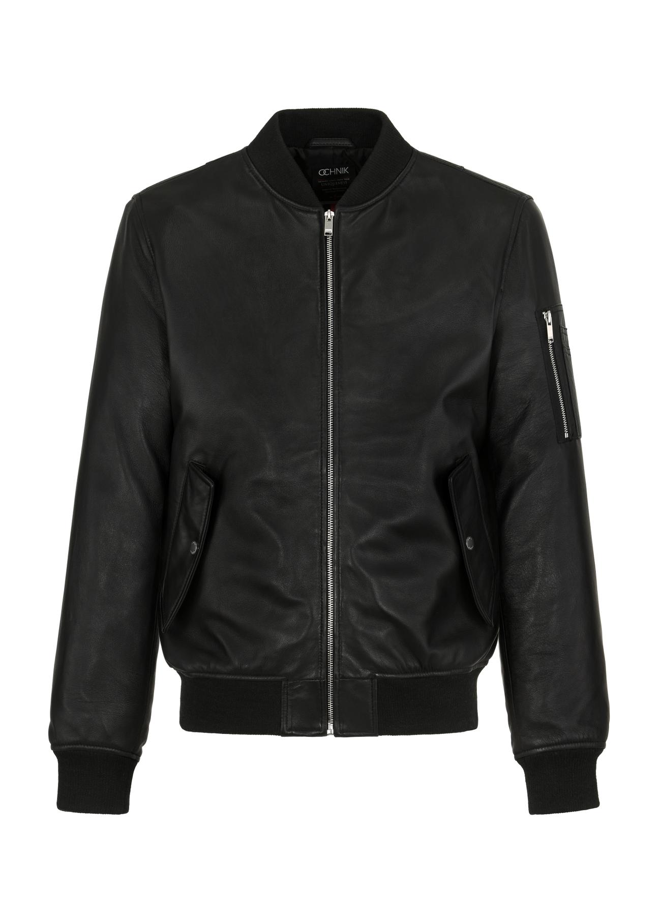 Men's black leather bomber jacket KURMS-0337-5506(W24)-04