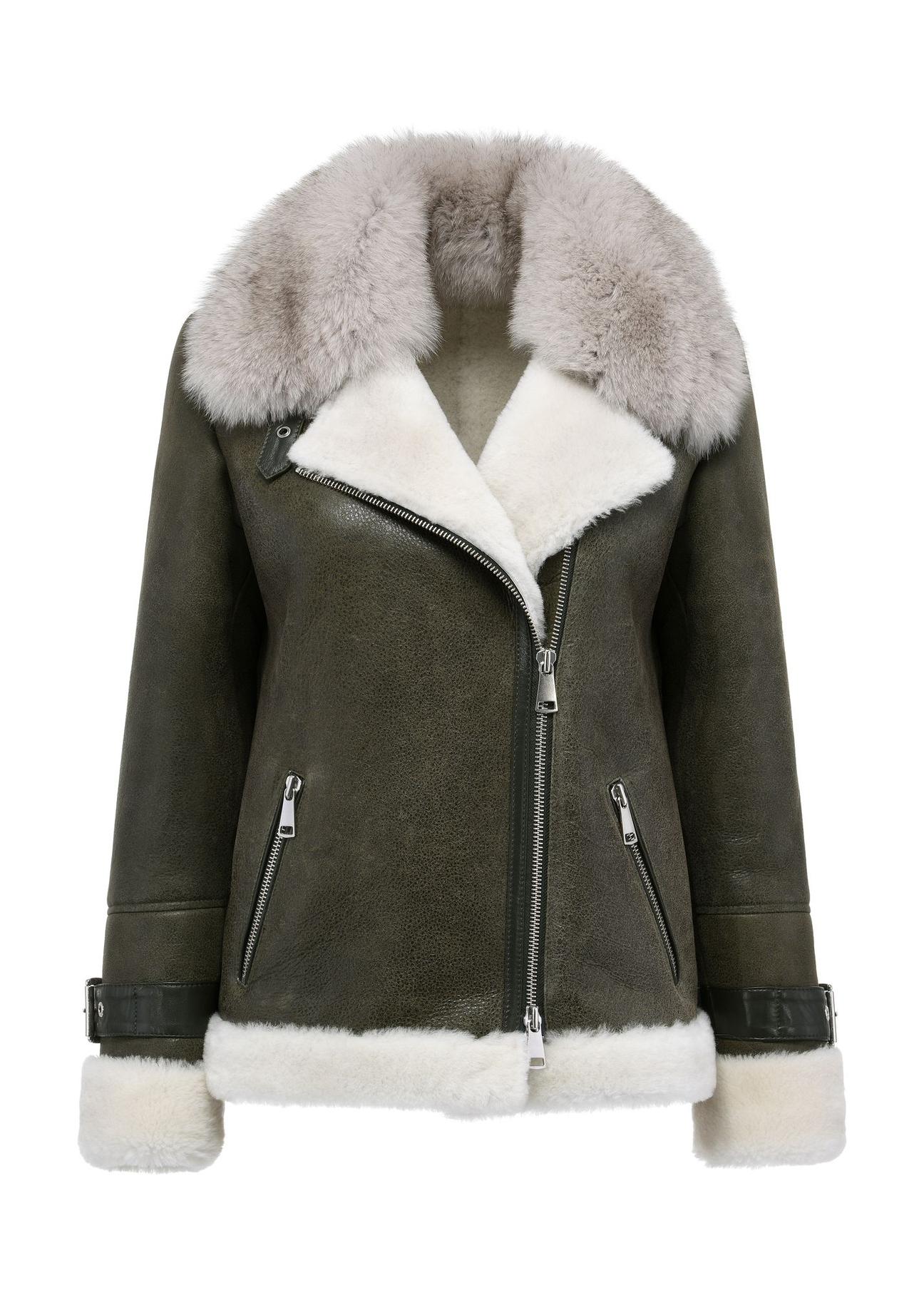 Green leather short women's sheepskin coat KOZDS-0085-3173(Z24)-05