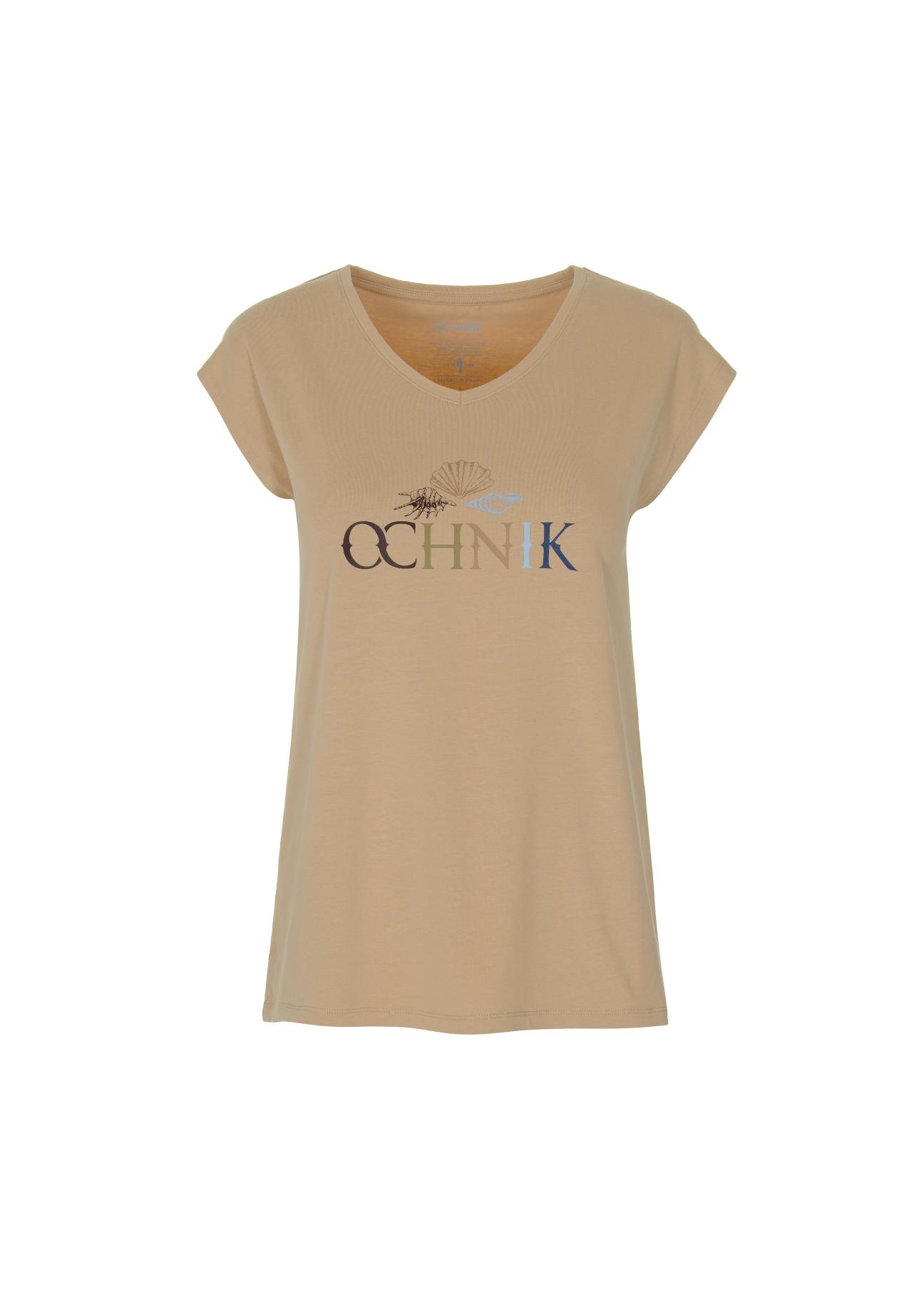 Beige Women's V-neck T-shirt TSHDT-0083-80(W22)-03