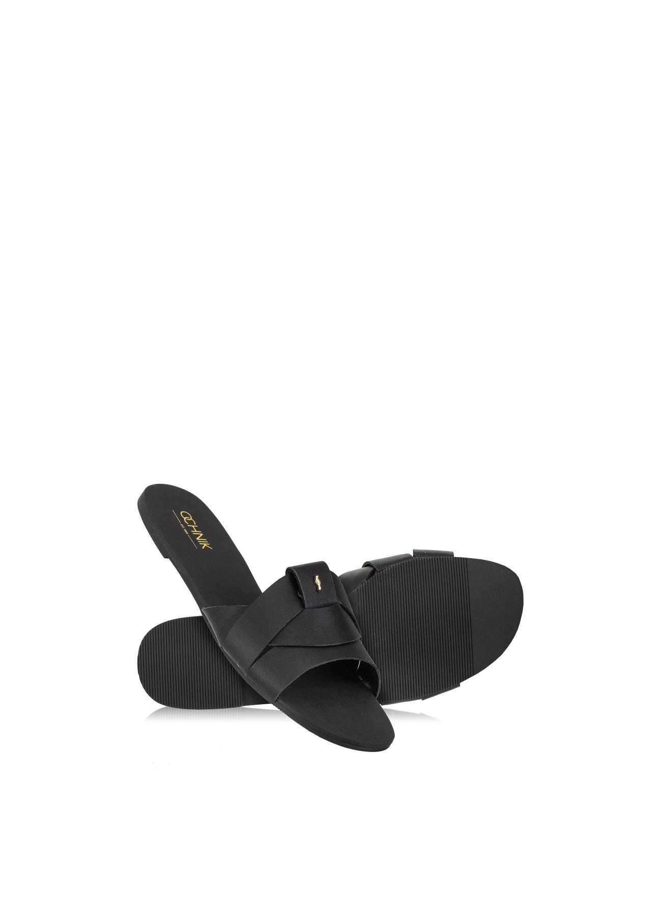 Black leather women's flip-flops with braided BUTYD-0903-99(W24)-02