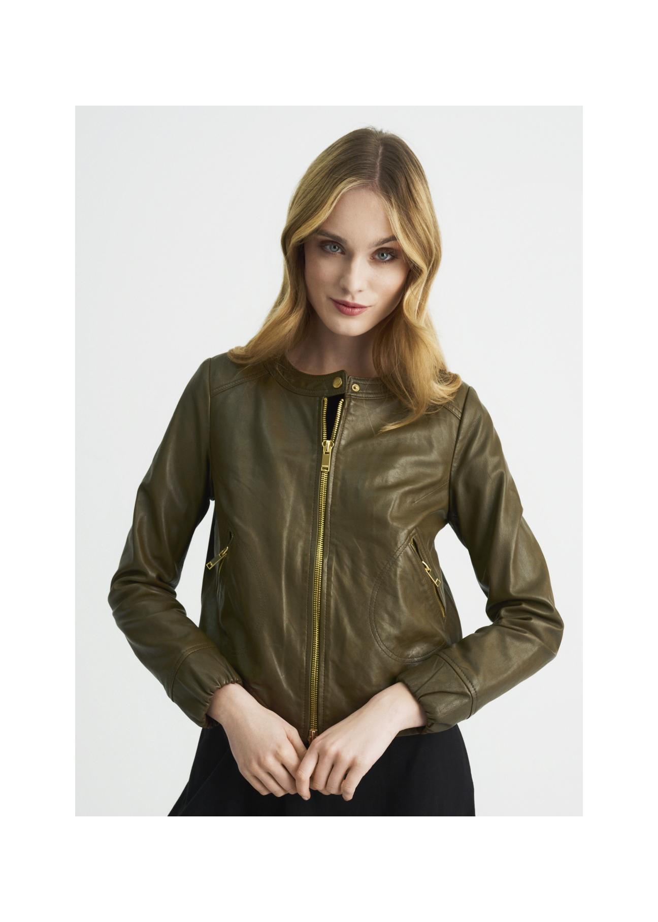 Women's leather jacket in khaki color KURDS-0342-1213(W22)-01