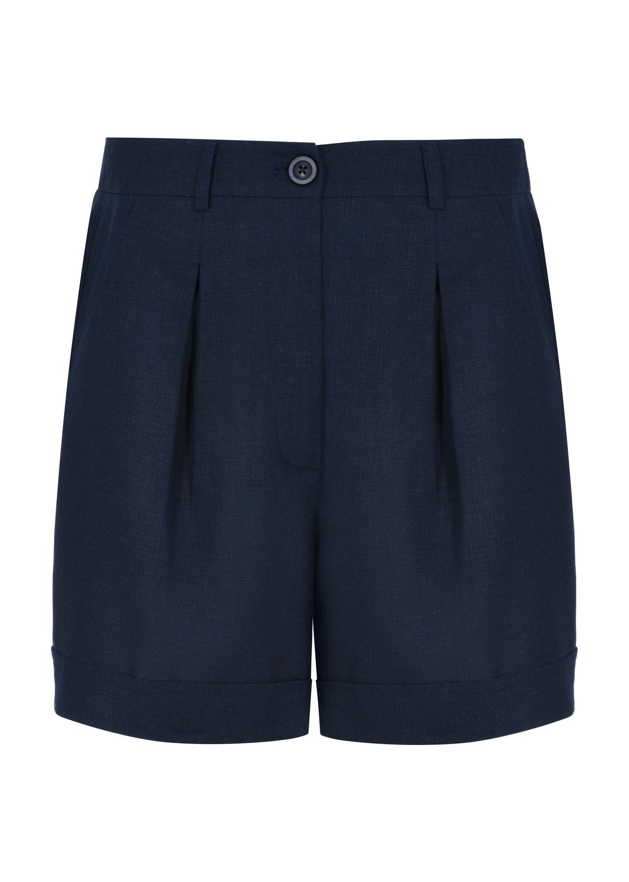 Navy blue linen elegant women's shorts SZODT-0010-69(W24)-04