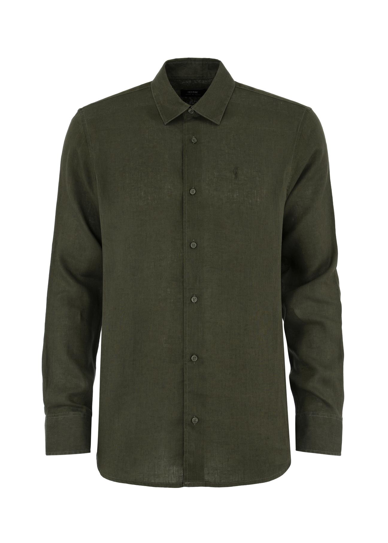 Dark green linen men's shirt KOSMT-0321-54(W24)-03