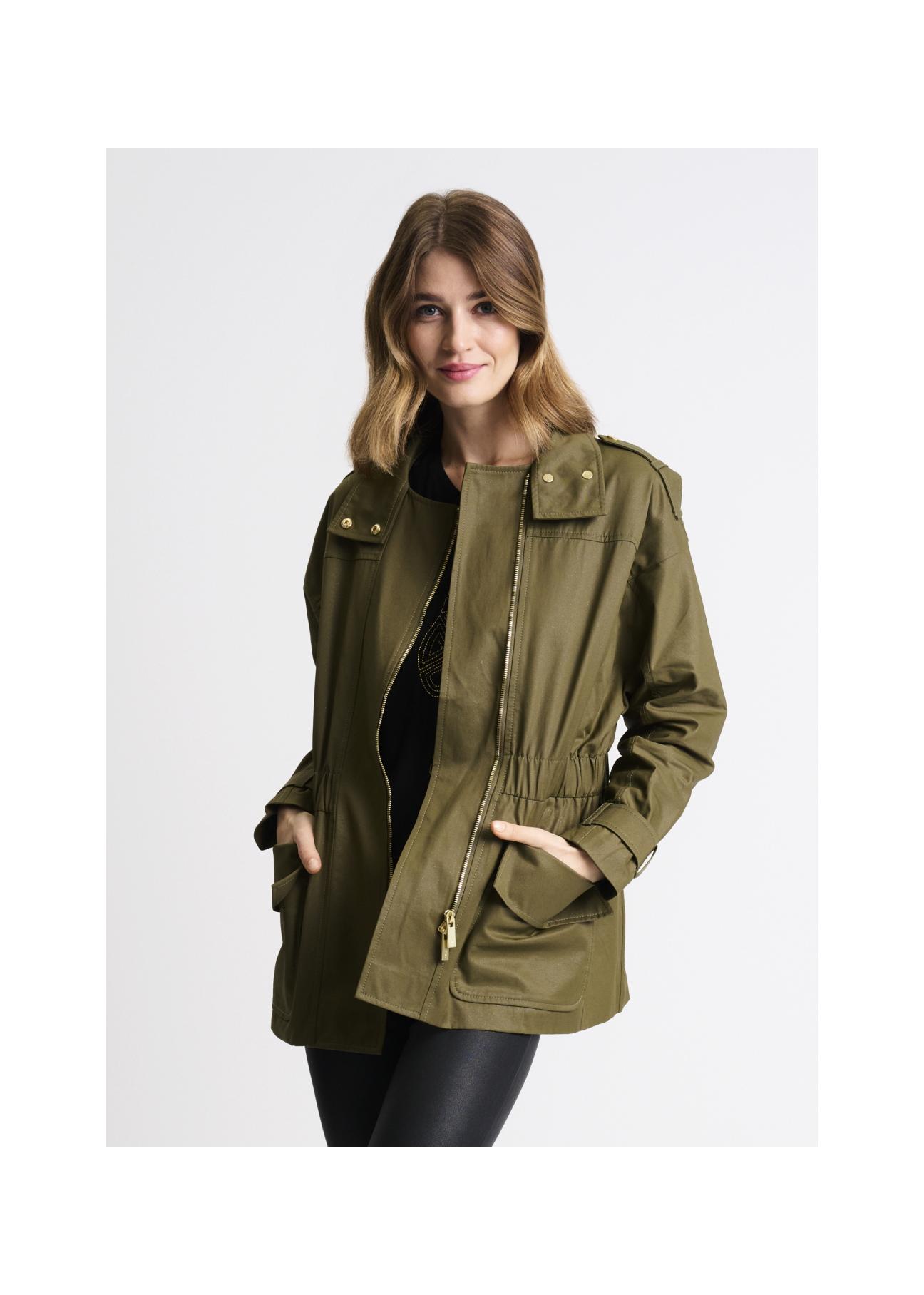 Olive colored women's jacket with a ribbed hem KURDT-0354-57(W22)-01